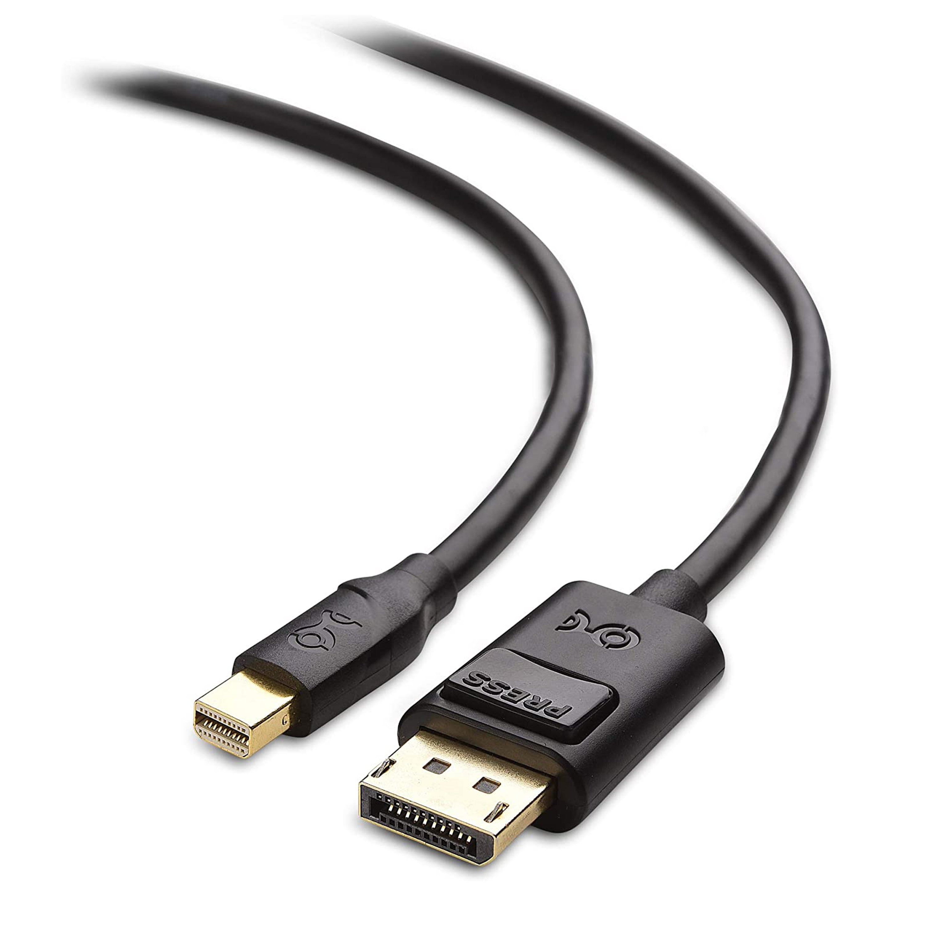 Ein schwarzes DisplayPort-Kabel mit goldfarbenem Stecker. Es ist vor weißem Hintergrund platziert.