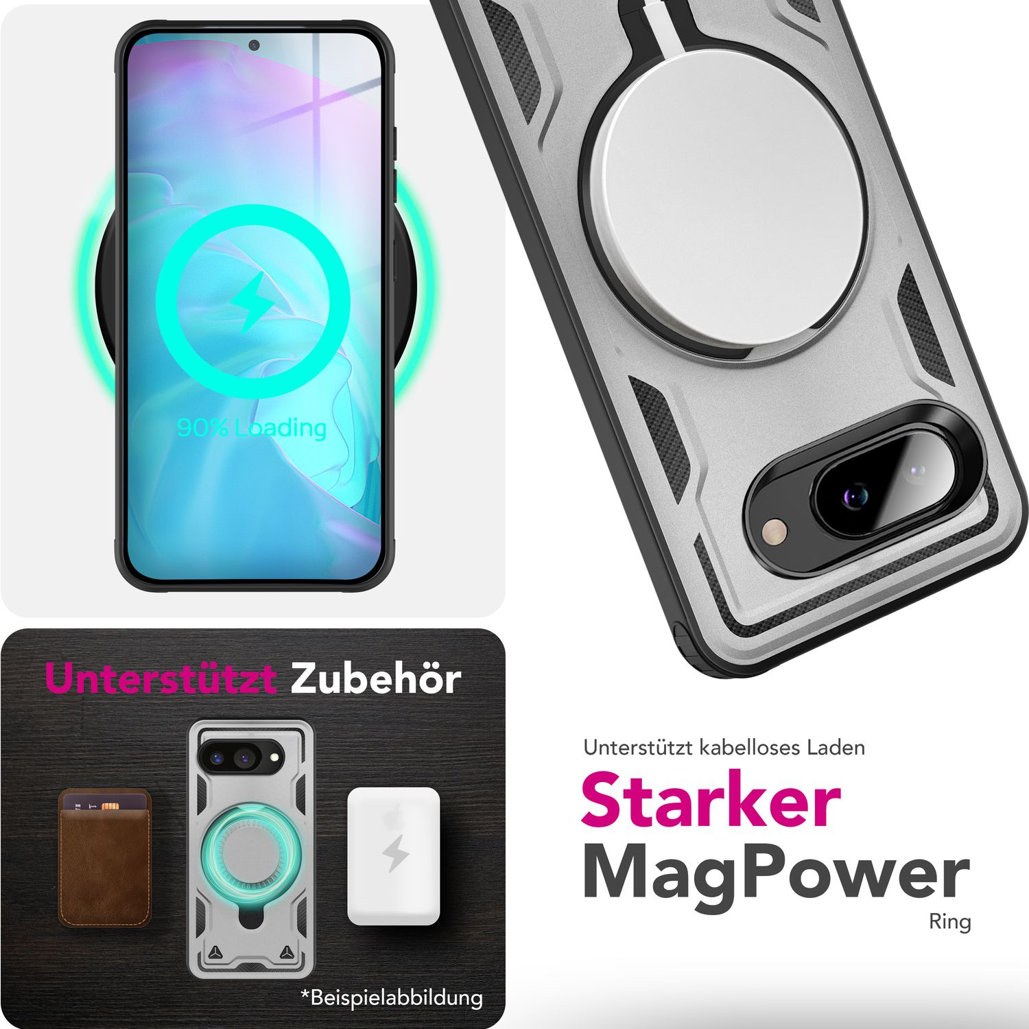 Un telefono con custodia MagSafe, ricarica wireless. Accessori come portafoglio e caricatore sono mostrati su sfondo scuro.