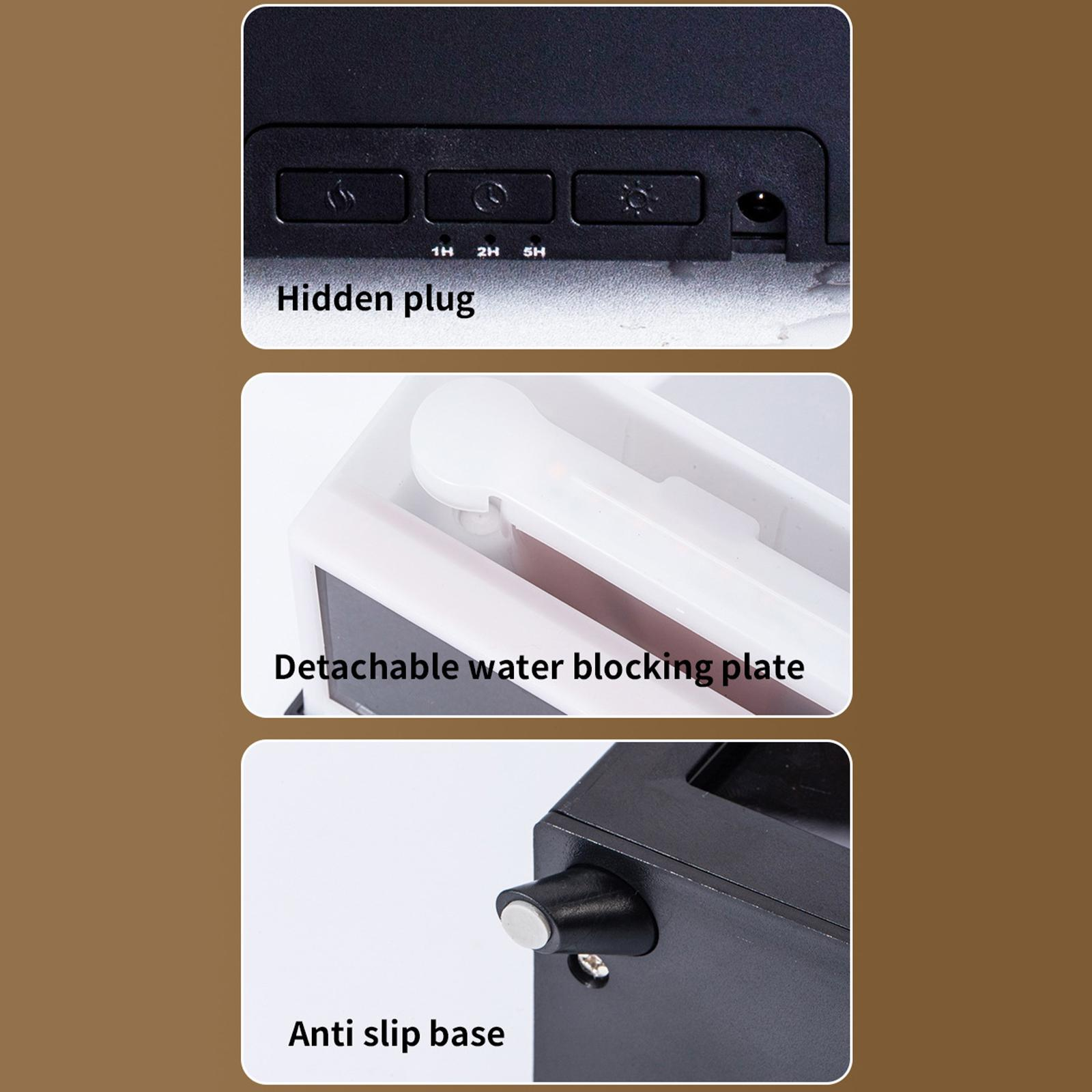 Mehrere Bilder eines schwarzen elektronischen Kamins, die Details wie Stecker, Wasserplatte und Sockel hervorheben.