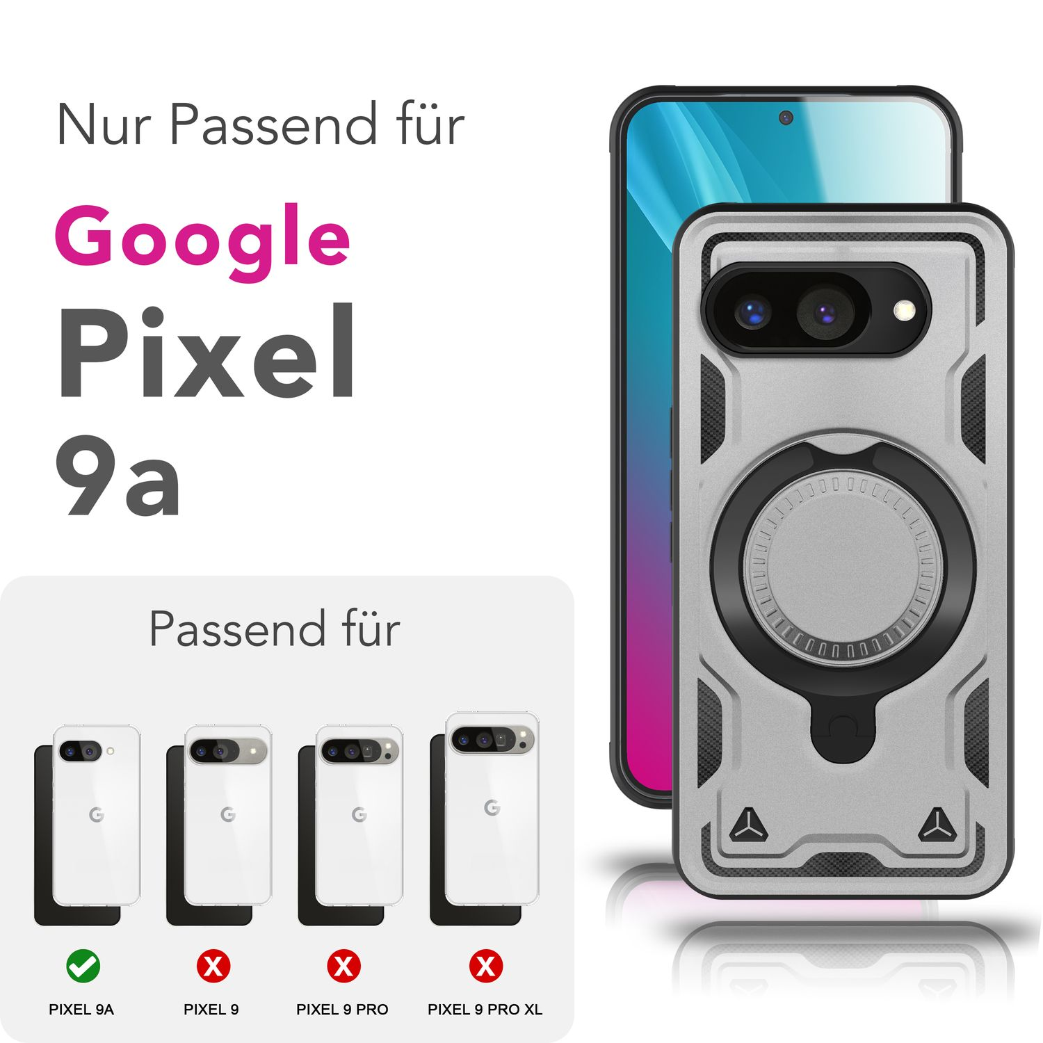 Custodia per telefono con telefono, Google Pixel 9a. Custodia bianca con fotocamera e custodia.