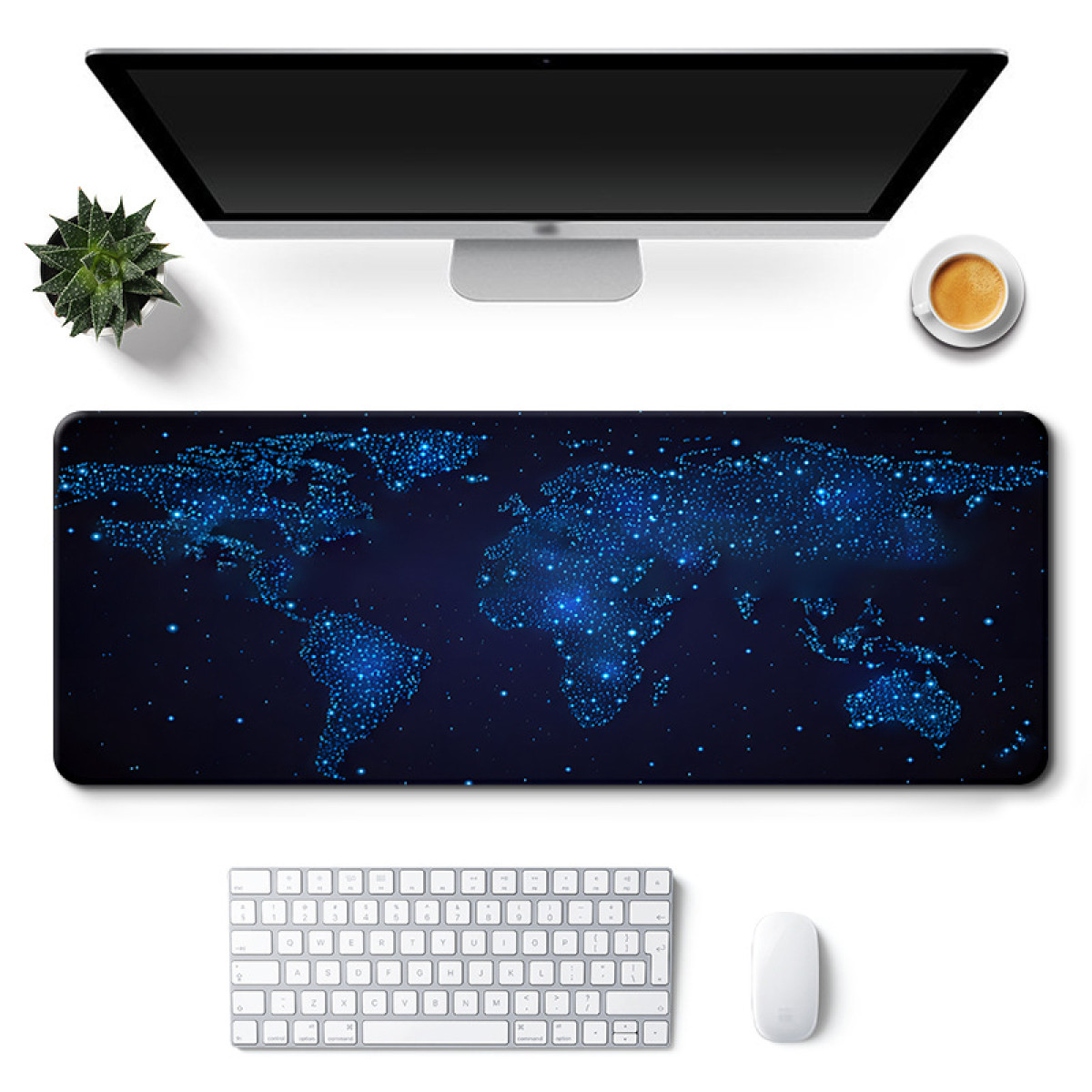 Tappetino per mouse con mappa del mondo, un monitor, una tastiera, un mouse e una pianta.