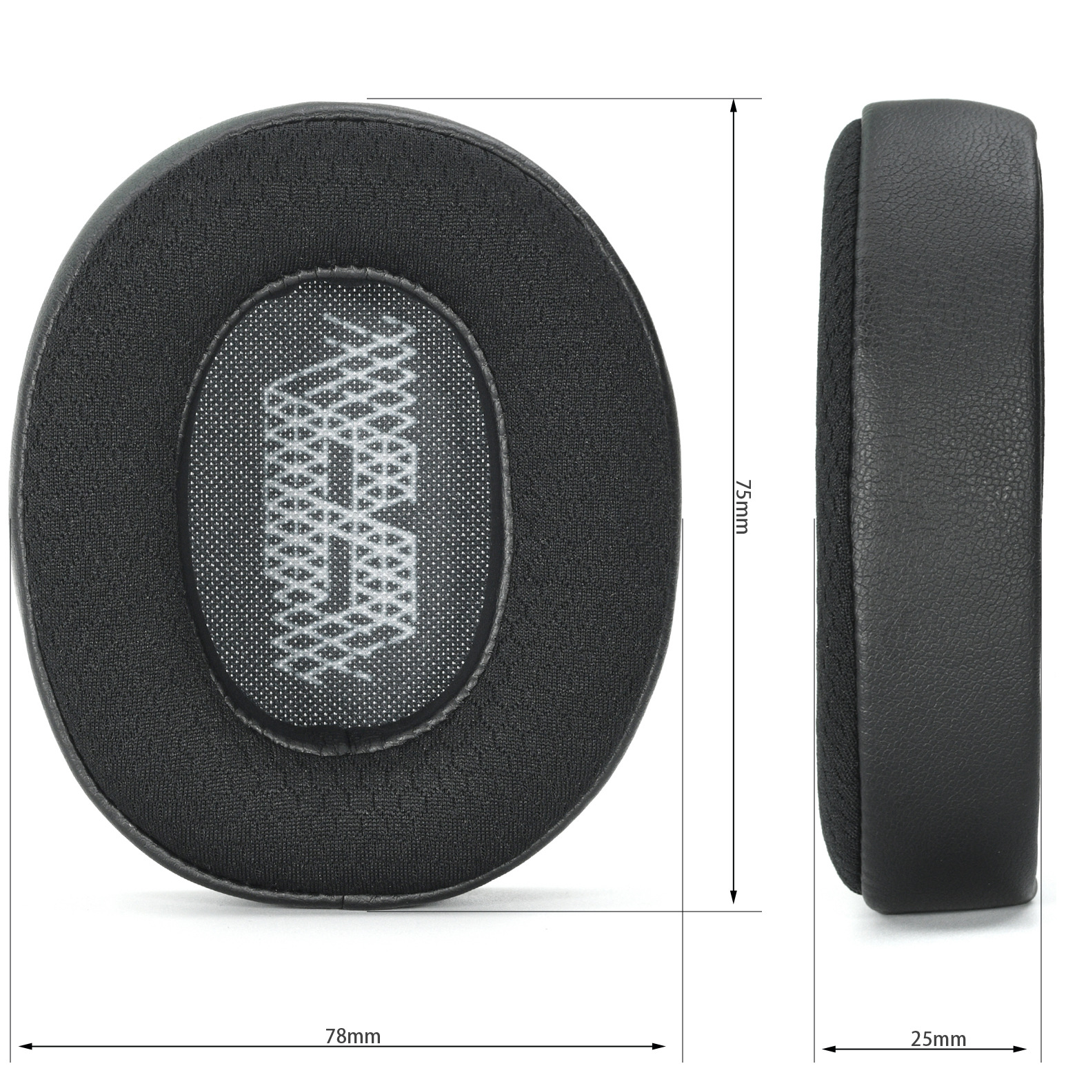 Cuscinetto auricolare per cuffie, nero, con dimensioni: 78mm x 75mm x 25mm. Design bianco e nero.