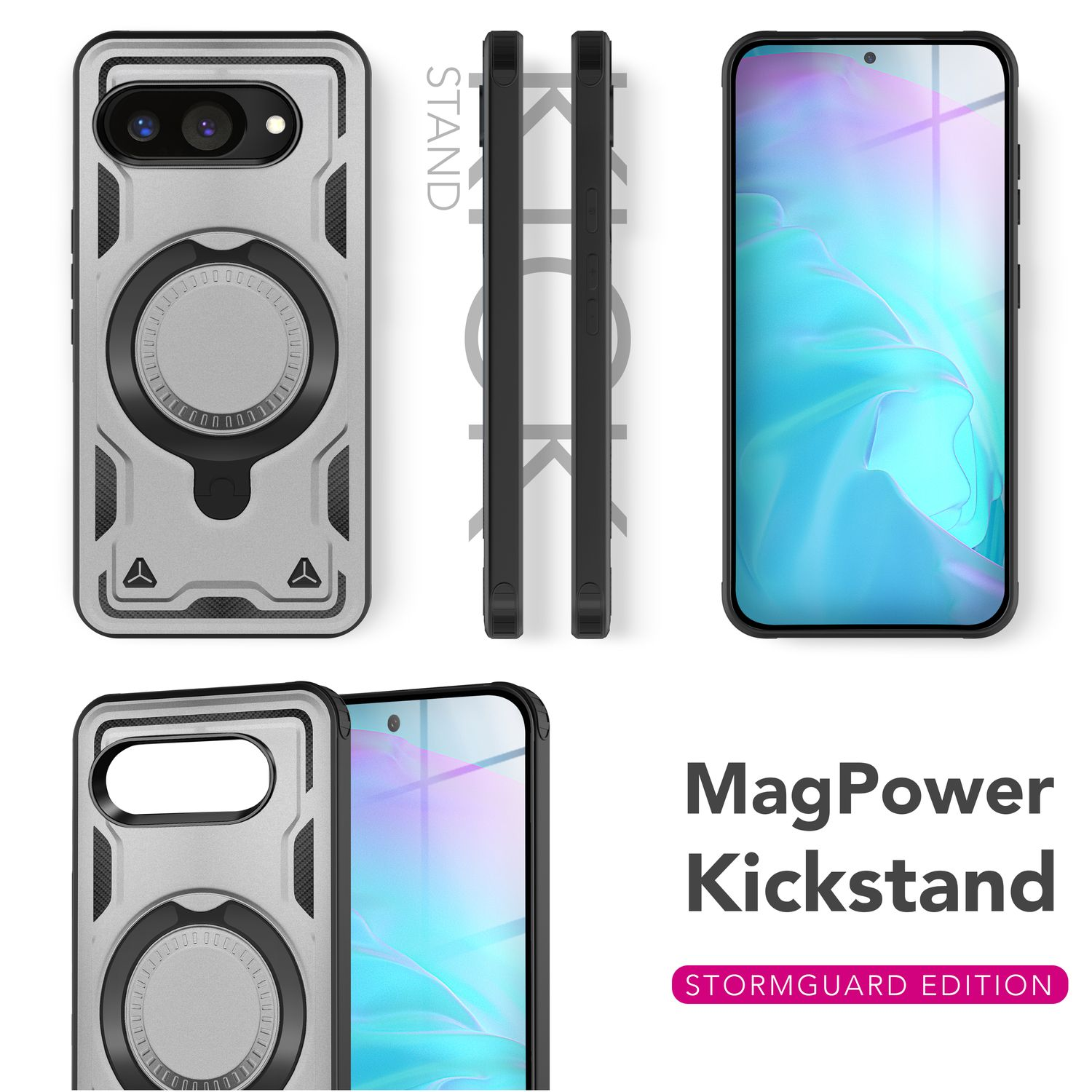 Una custodia per telefono con supporto da diverse angolazioni. Colori argento e nero.