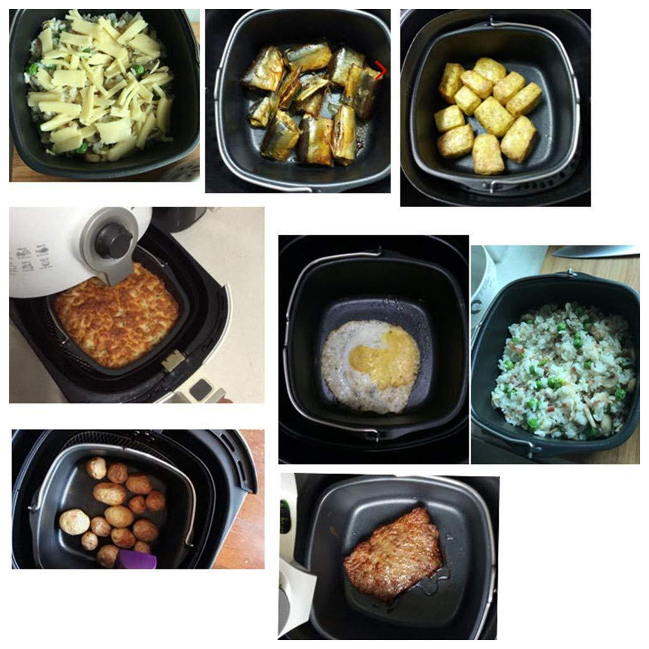 Eine Collage von Airfryer-Gerichten: Käse, Fisch, Tofu, Burger, Ei, Reis, Kartoffeln und Steak.
