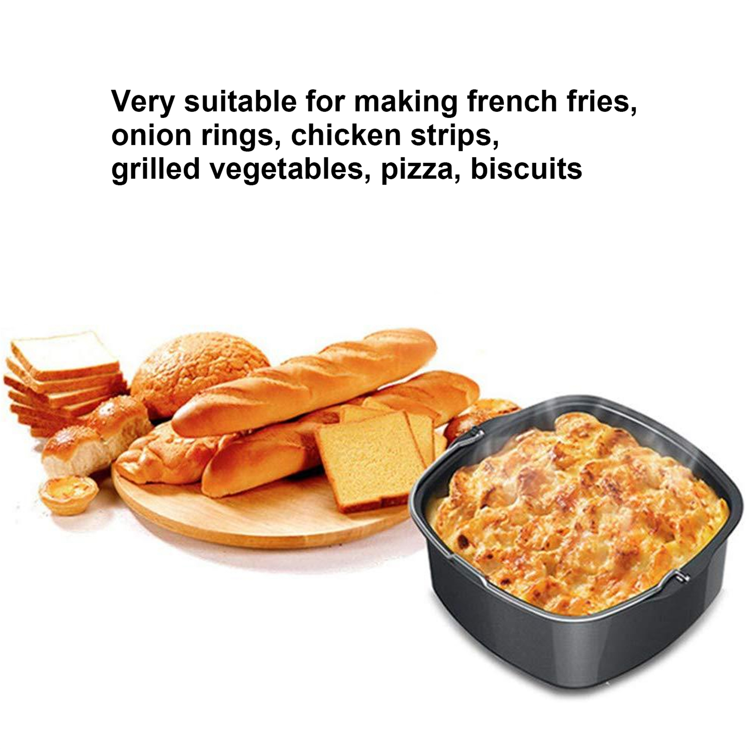 Lebensmittel wie Brot, Pommes Frites und Pizza in einem Tablett. Text besagt, dass es sich zum Zubereiten von Pommes Frites, Zwiebelringen usw. eignet.
