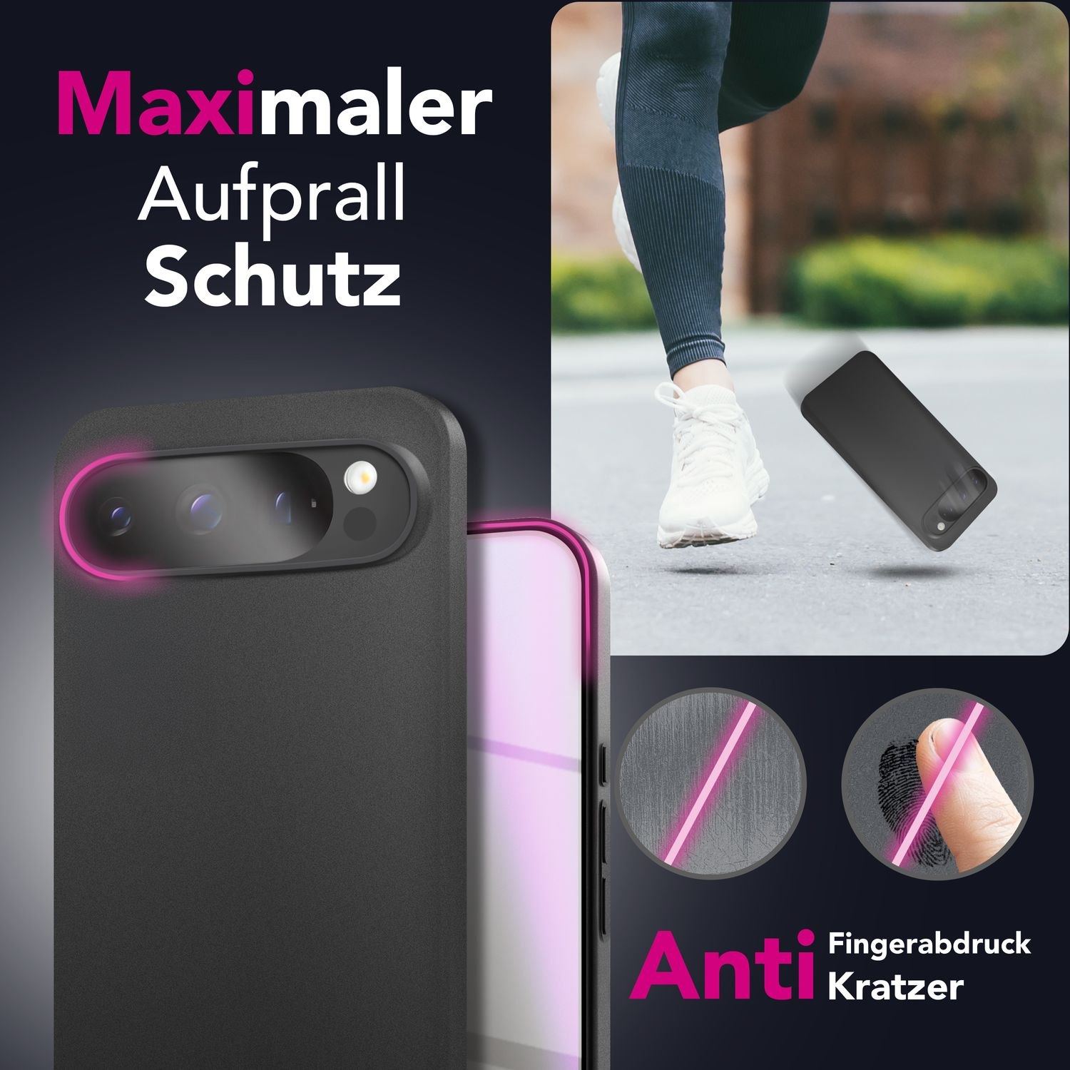 Una custodia per telefono con accenti rosa, testo antigraffio e una persona che corre sullo sfondo.