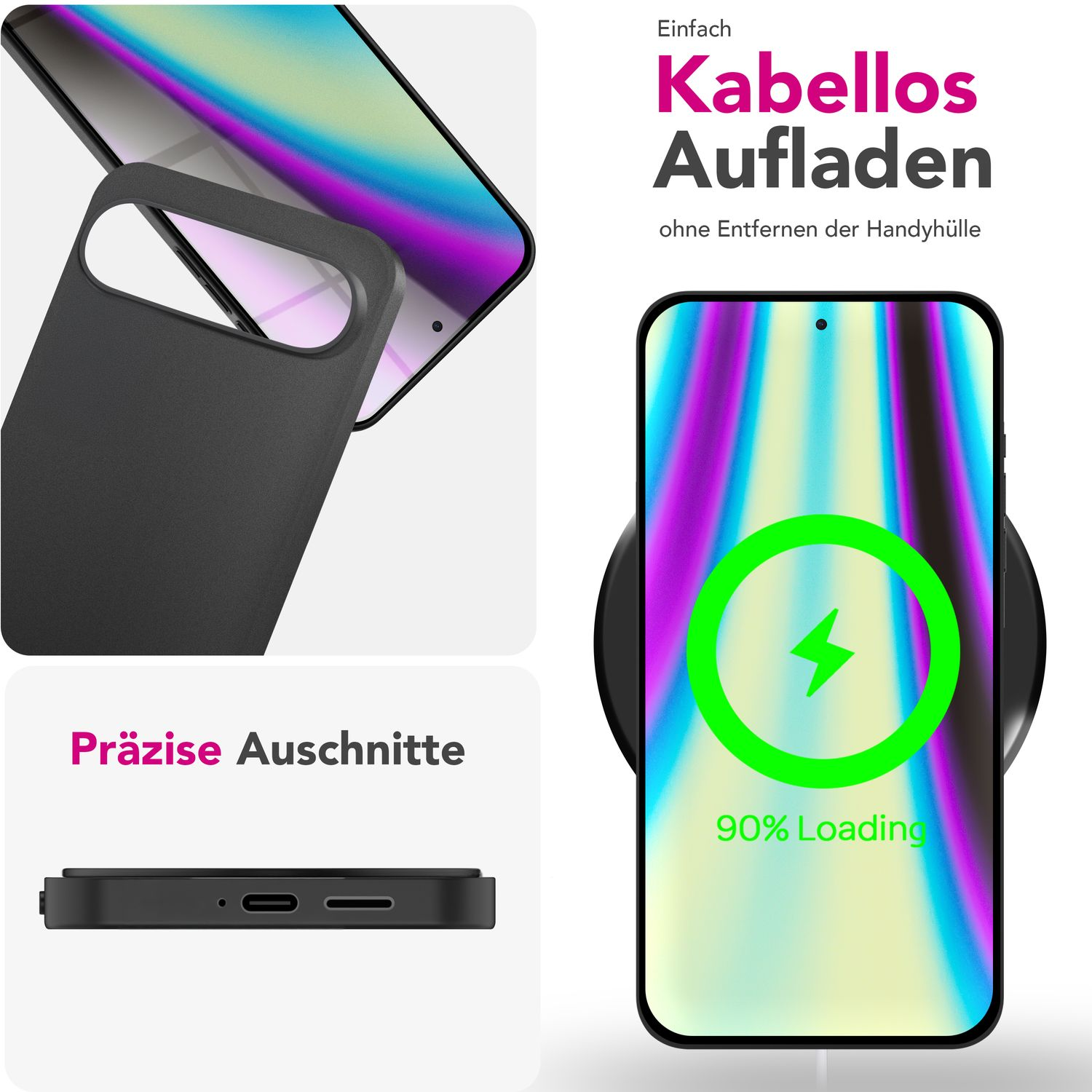 Eine Handyhülle mit kabellosem Laden, mit Text, der präzise Ausschnitte und Funktionen anzeigt.