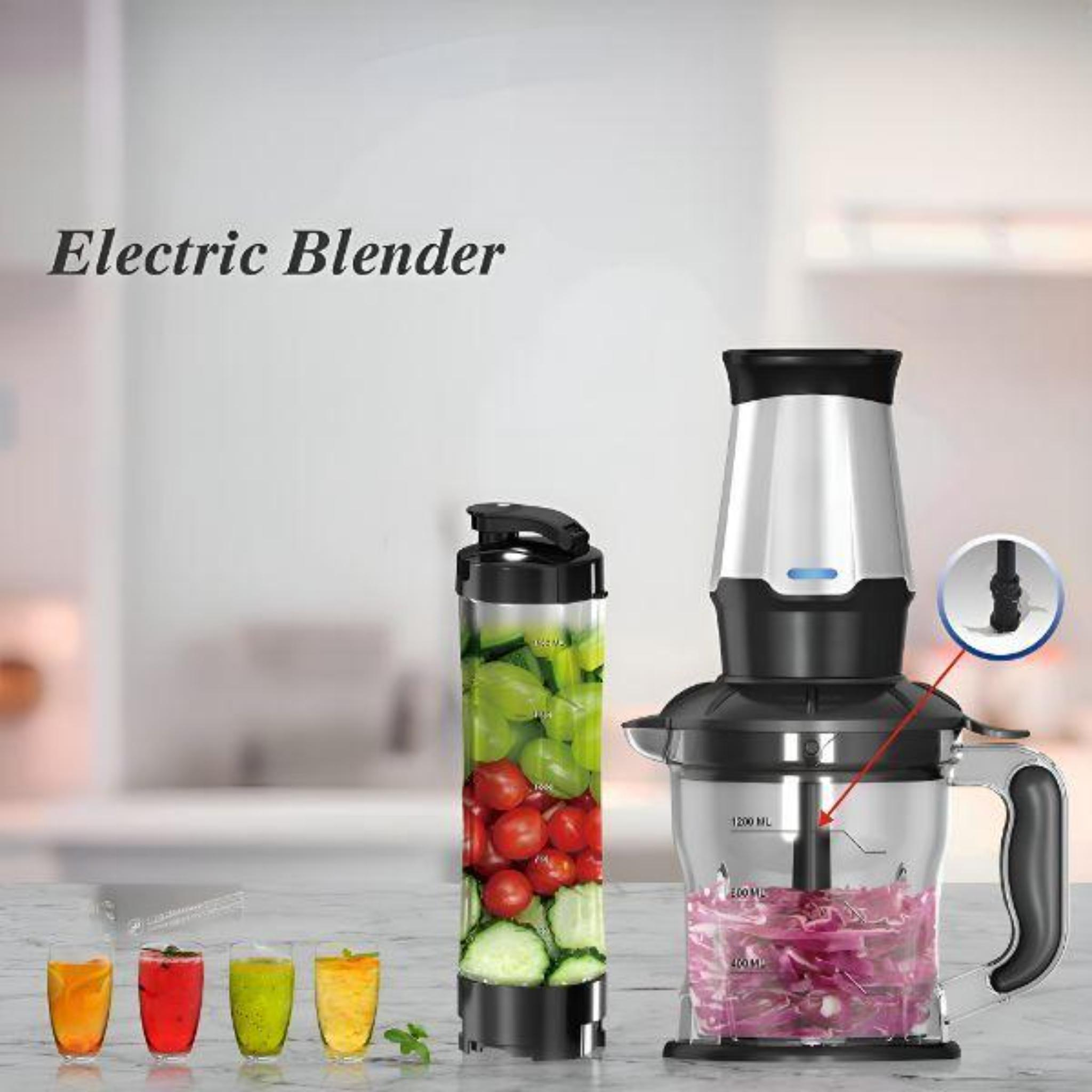 Ein elektrischer Mixer mit Zutaten. Enthält Mixer, einen Behälter mit Gemüse und vier Gläser mit Saft.