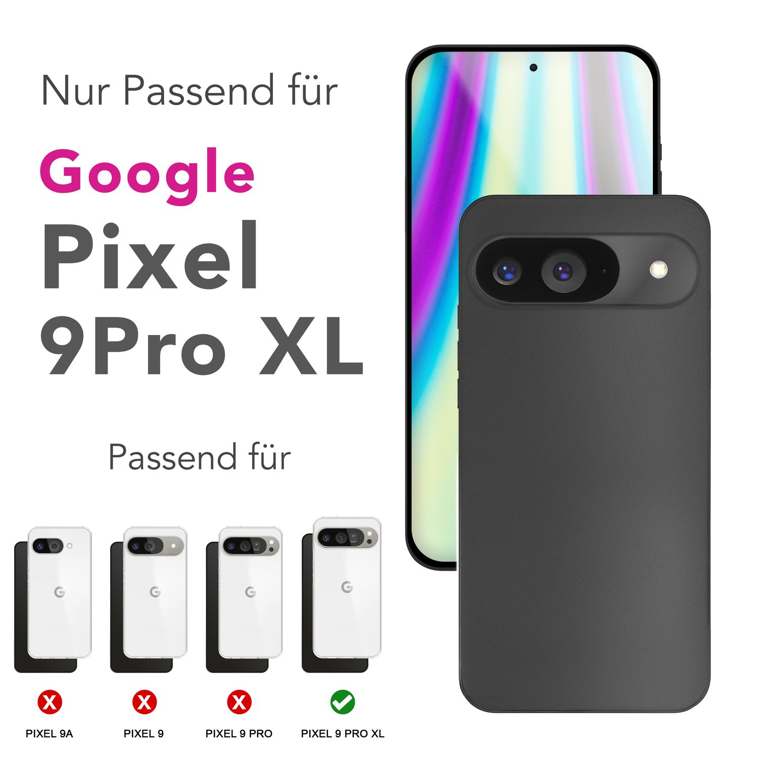 L'immagine mostra una custodia e un telefono. Il testo dice che si adatta a Google Pixel 9 Pro XL. Altri modelli sono contrassegnati con una X.