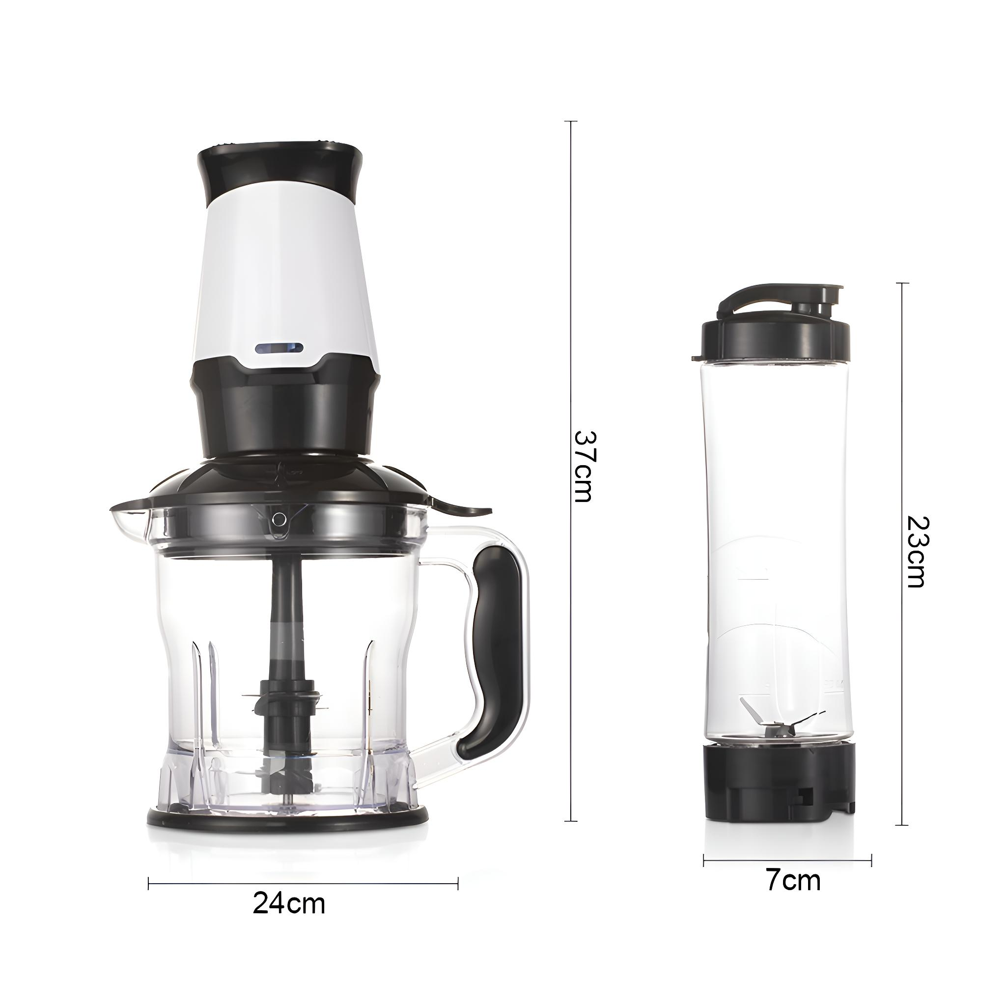 Mixer mit transparentem Krug, Klinge und Griff. Eine separate transparente Flasche ist ebenfalls vorhanden.