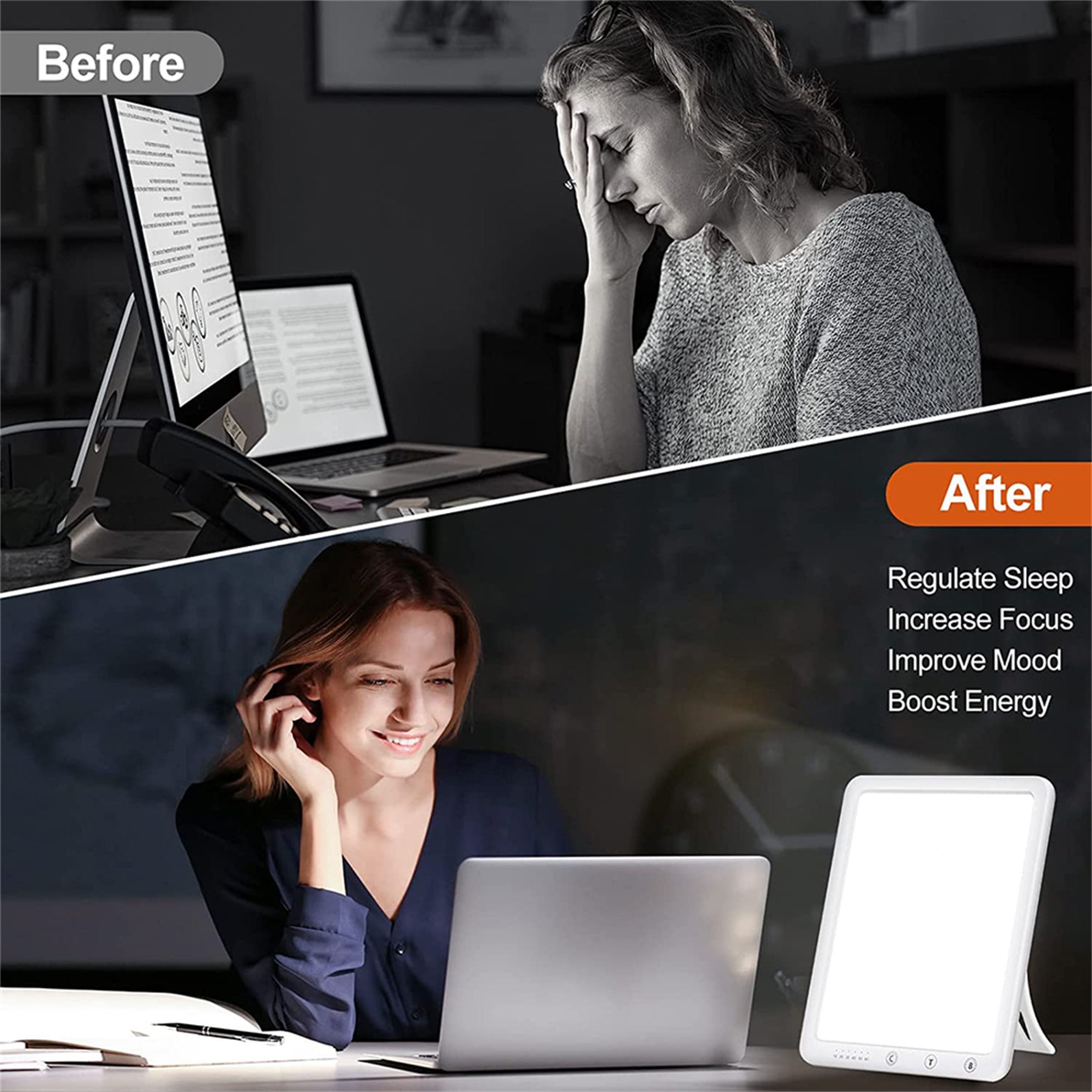 Ein Vorher-Nachher-Bild einer Frau mit Computer, das Stress und dann Freude durch ein Licht zeigt.