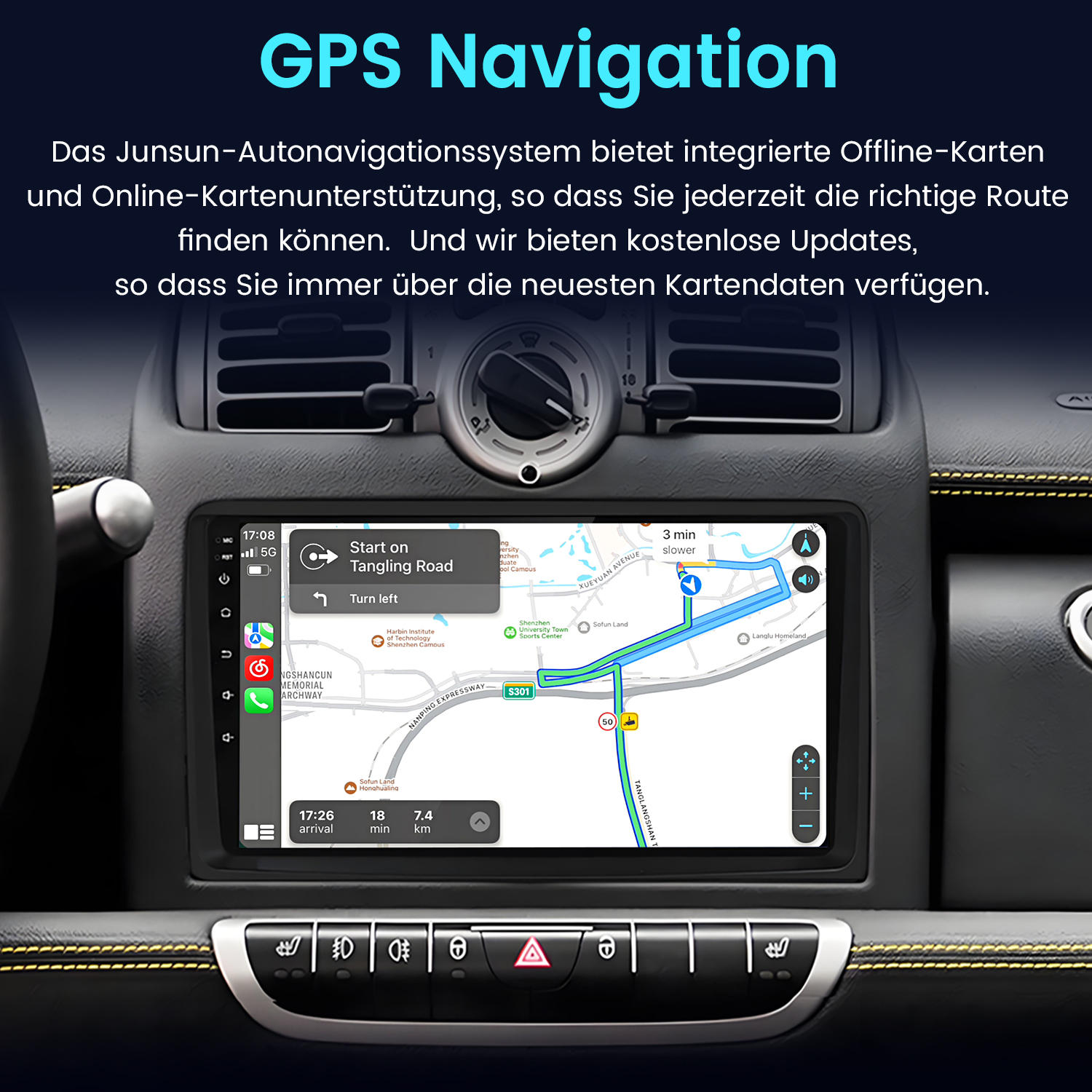 Autoradio mit GPS-Navigation. Der Bildschirm zeigt eine Karte mit Route und Wegbeschreibung.