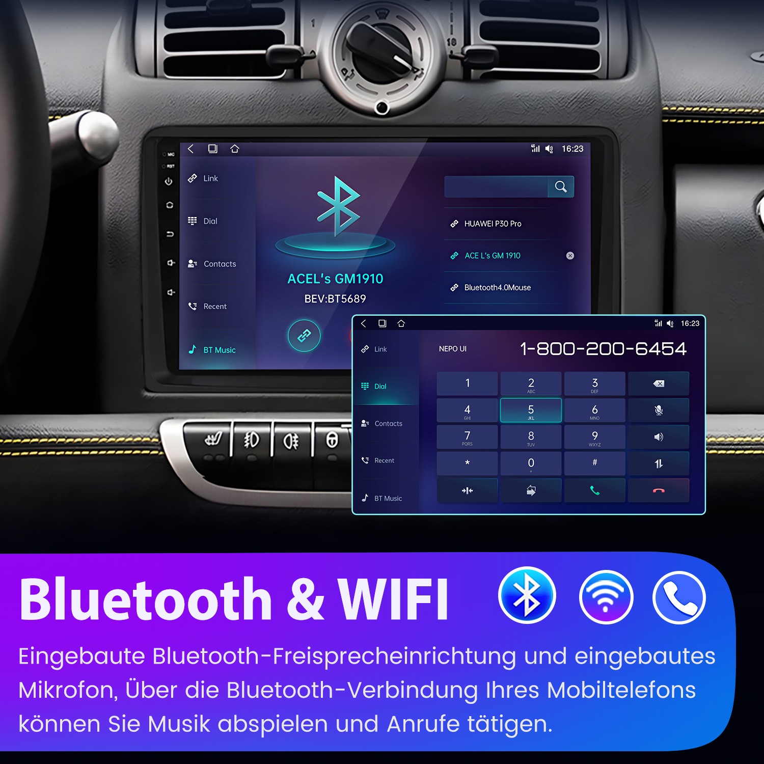 Autoinstrumententafel mit einem Bildschirm, der eine Telefonschnittstelle mit Bluetooth- und WLAN-Symbolen anzeigt.