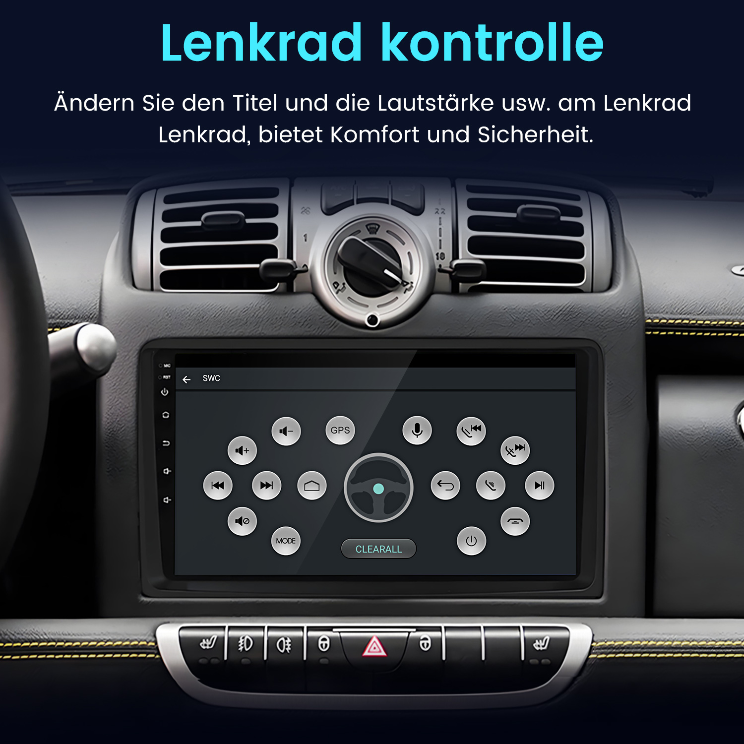 Autoradio mit Lenkradbedienung. Der Bildschirm zeigt ein Bedienfeld mit Tasten und einem Navigationsrad.