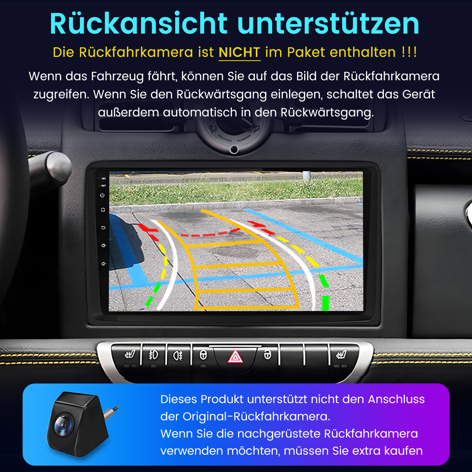 Bildschirm des Armaturenbretts des Autos. Zeigt eine Ansicht von einer Rückfahrkamera mit Text.
