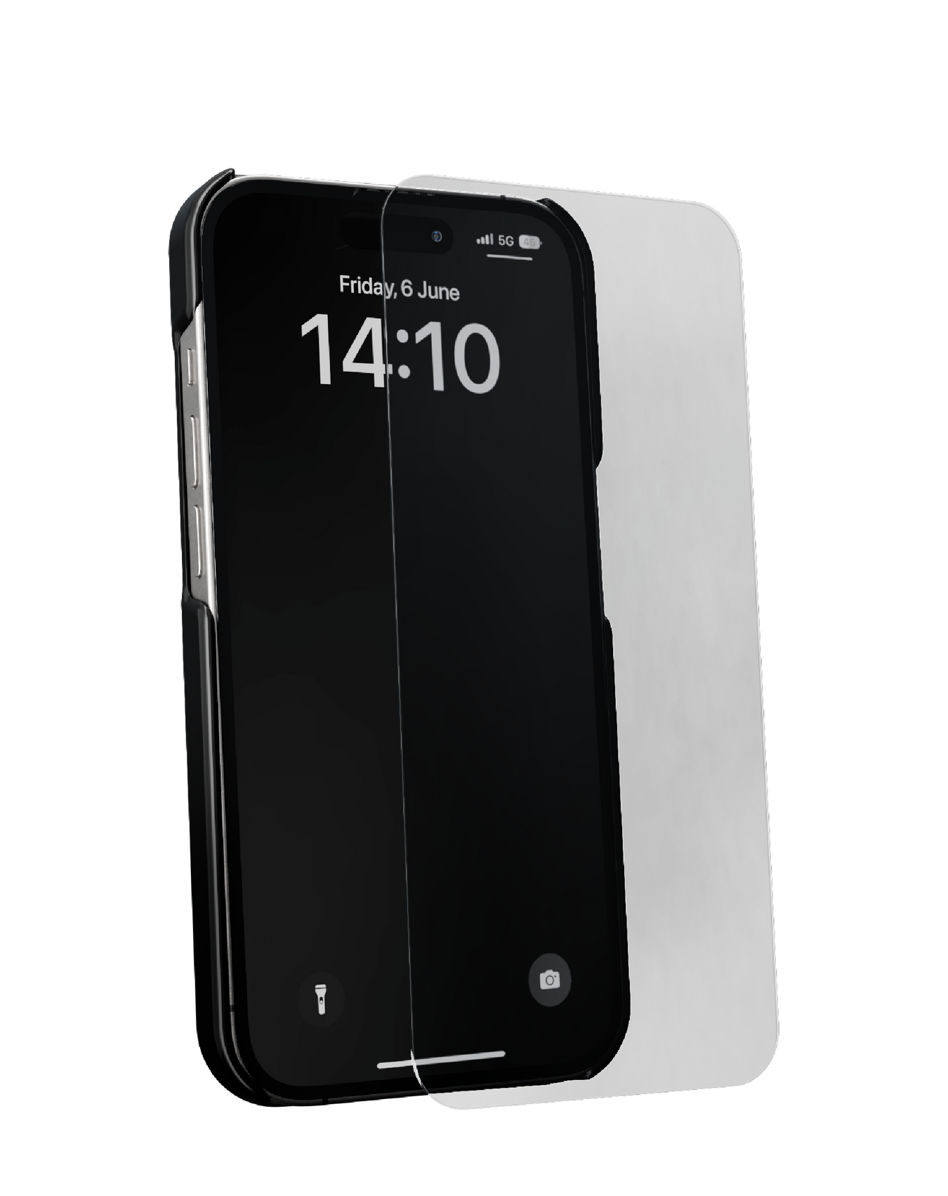 Ein schwarzes iPhone mit einem Displayschutz, der die Uhrzeit und das Datum anzeigt.