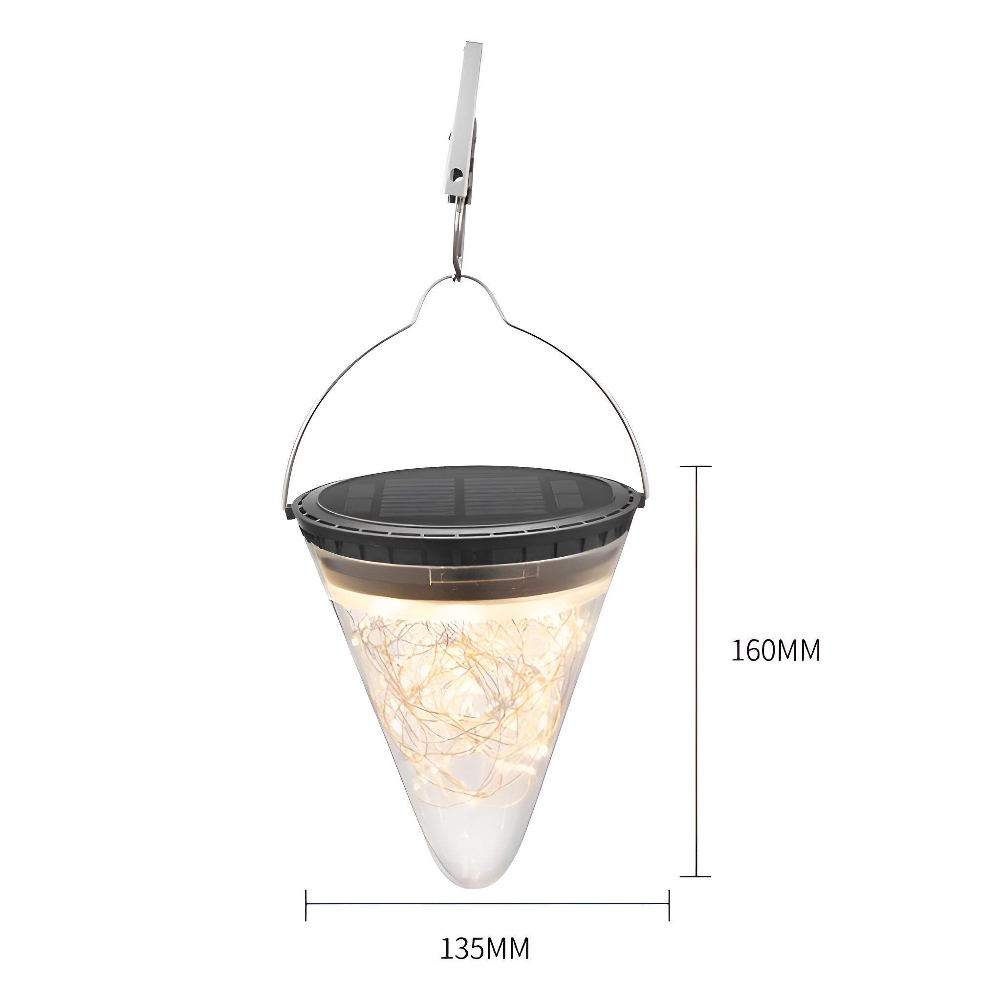 Ein kegelförmiges, transparentes Licht mit Lichterketten, das an einem Clip hängt. Abmessungen: 160mm und 135mm.