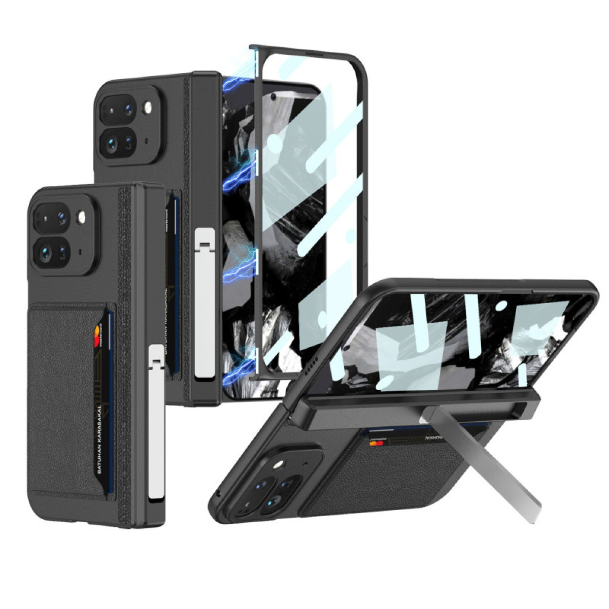Schwarze Handyhülle mit Kartenfächern und Ständer. Das Telefon ist in der Hülle.