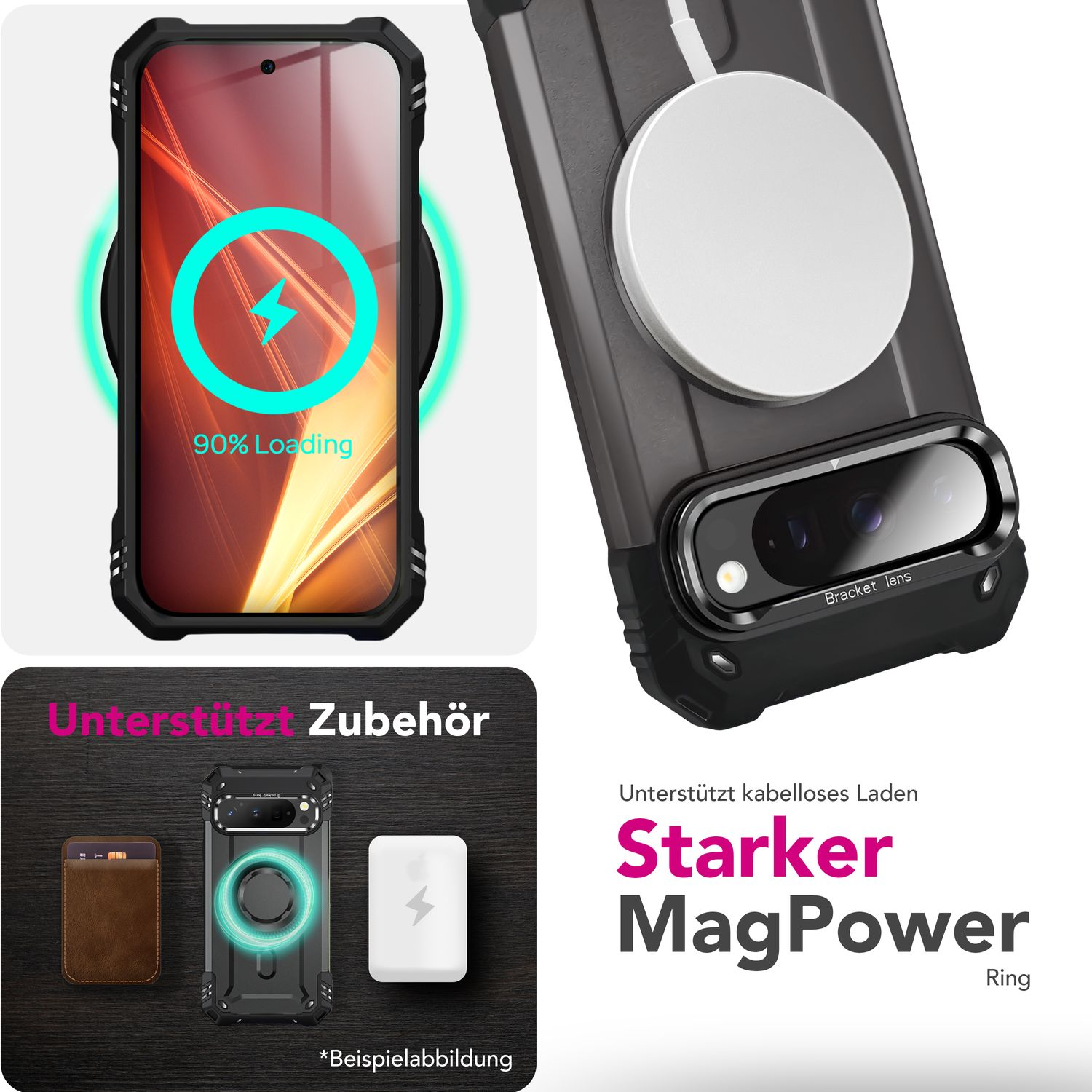 Una custodia per telefono dal design robusto. Mostra un telefono in carica e accessori di supporto. Testo: 'Starker MagPower Ring'.