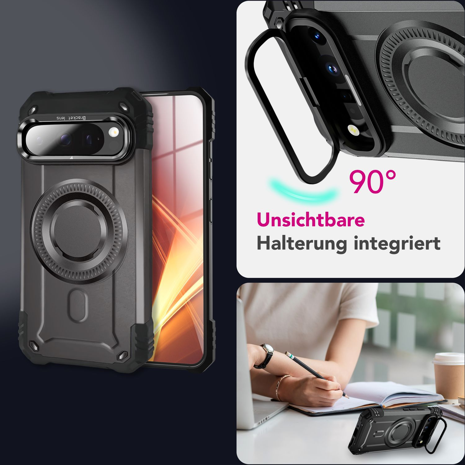 Una custodia per telefono con un telefono all'interno e una donna che scrive. La custodia ha una funzione magnetica.