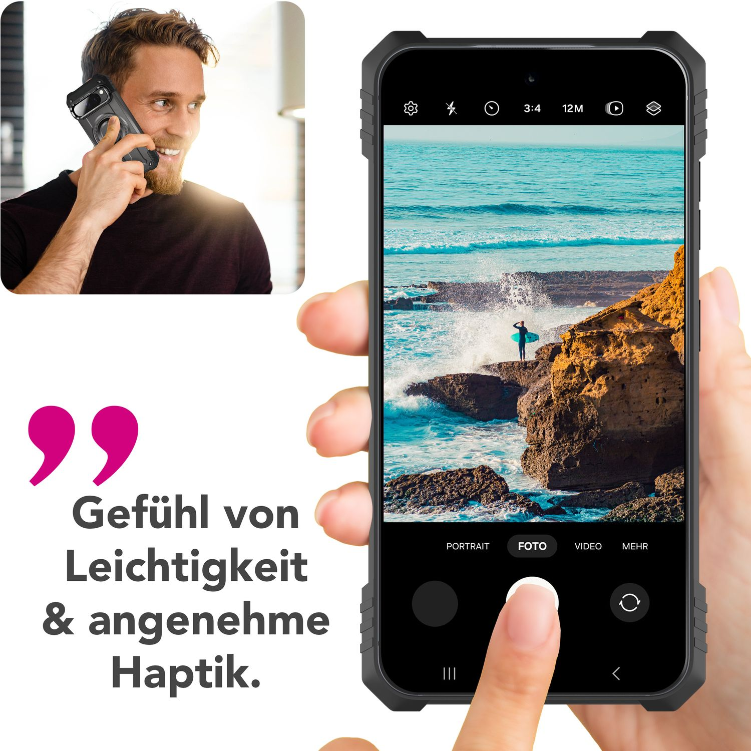 Un uomo al telefono. Lo schermo mostra l'oceano. Un dito tocca lo schermo.