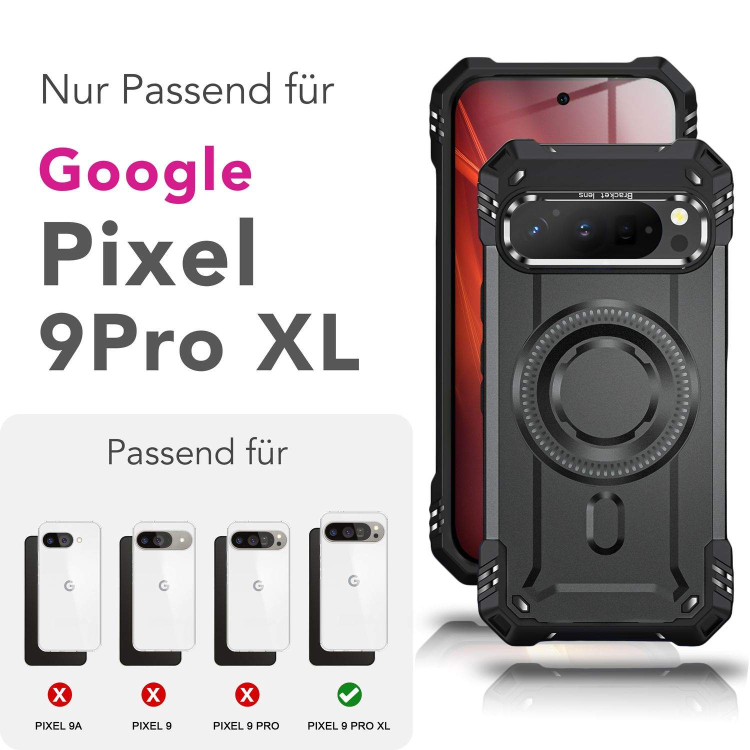 Una custodia per telefono con un telefono all'interno, accanto alle immagini dei telefoni. Il testo dice Google Pixel 9 Pro XL.