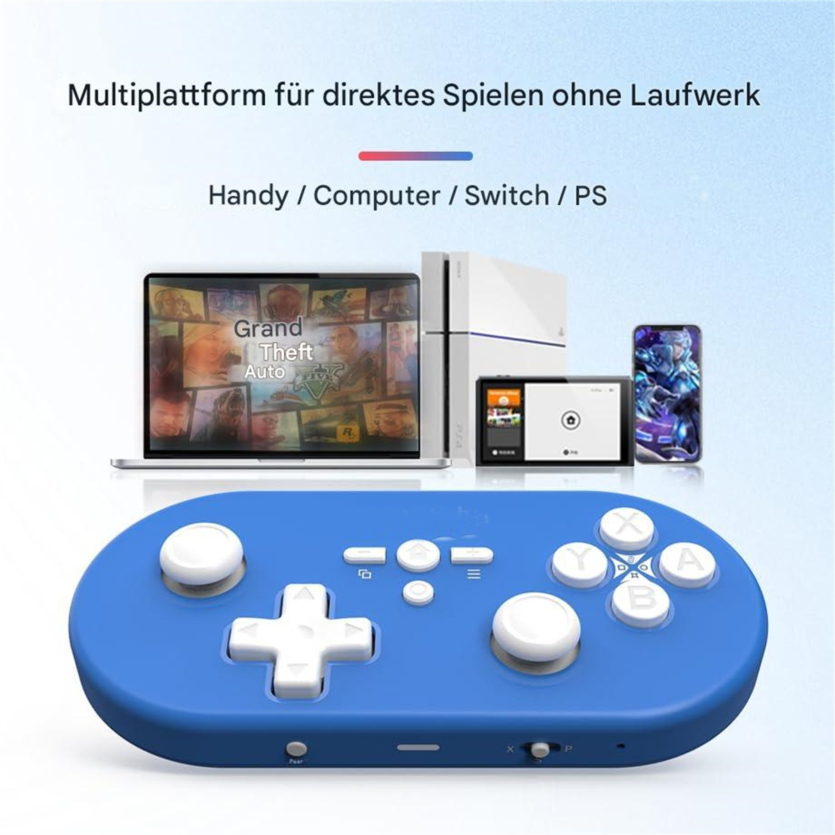Ein blauer Gamecontroller mit weißen Knöpfen und eine Reihe von Geräten, darunter ein Laptop und eine Konsole.