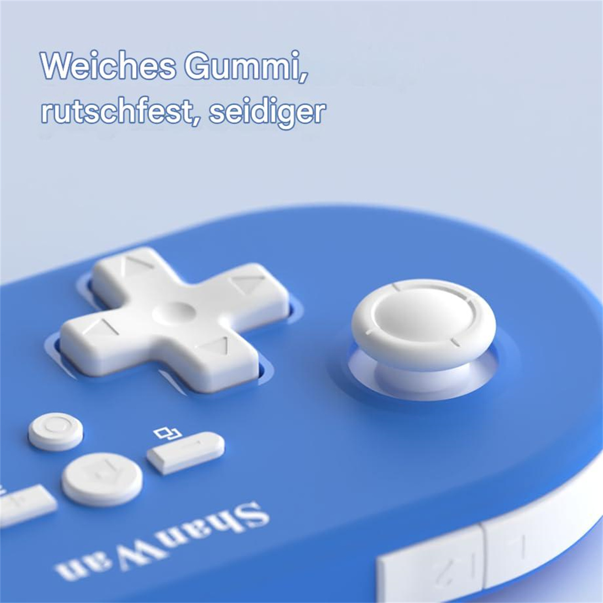 Ein blauer Gamecontroller mit weißen Knöpfen. Die Knöpfe umfassen ein Kreuz, einen Joystick usw.