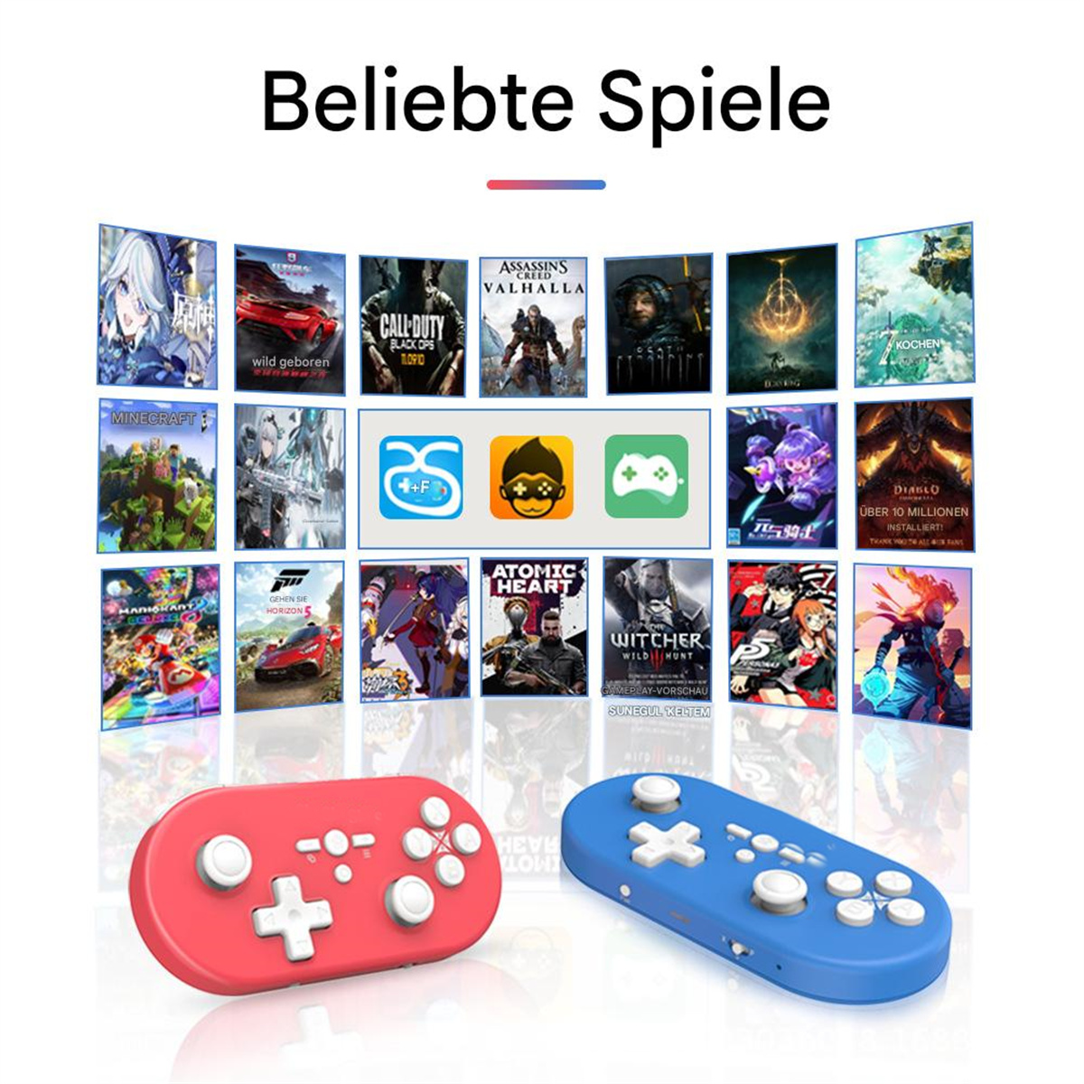 Sammlung von Spielboxen und zwei Controllern, einem roten und einem blauen. Viele beliebte Spiele werden gezeigt.
