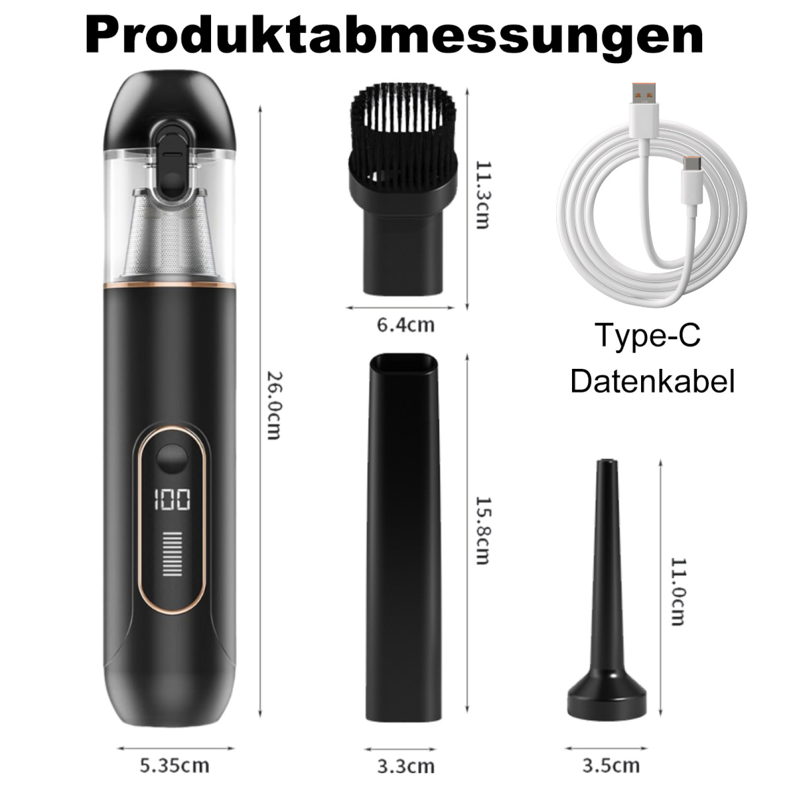 Ein schwarzer Handstaubsauger mit Zubehör und Maßen, einschließlich eines USB-Kabels.