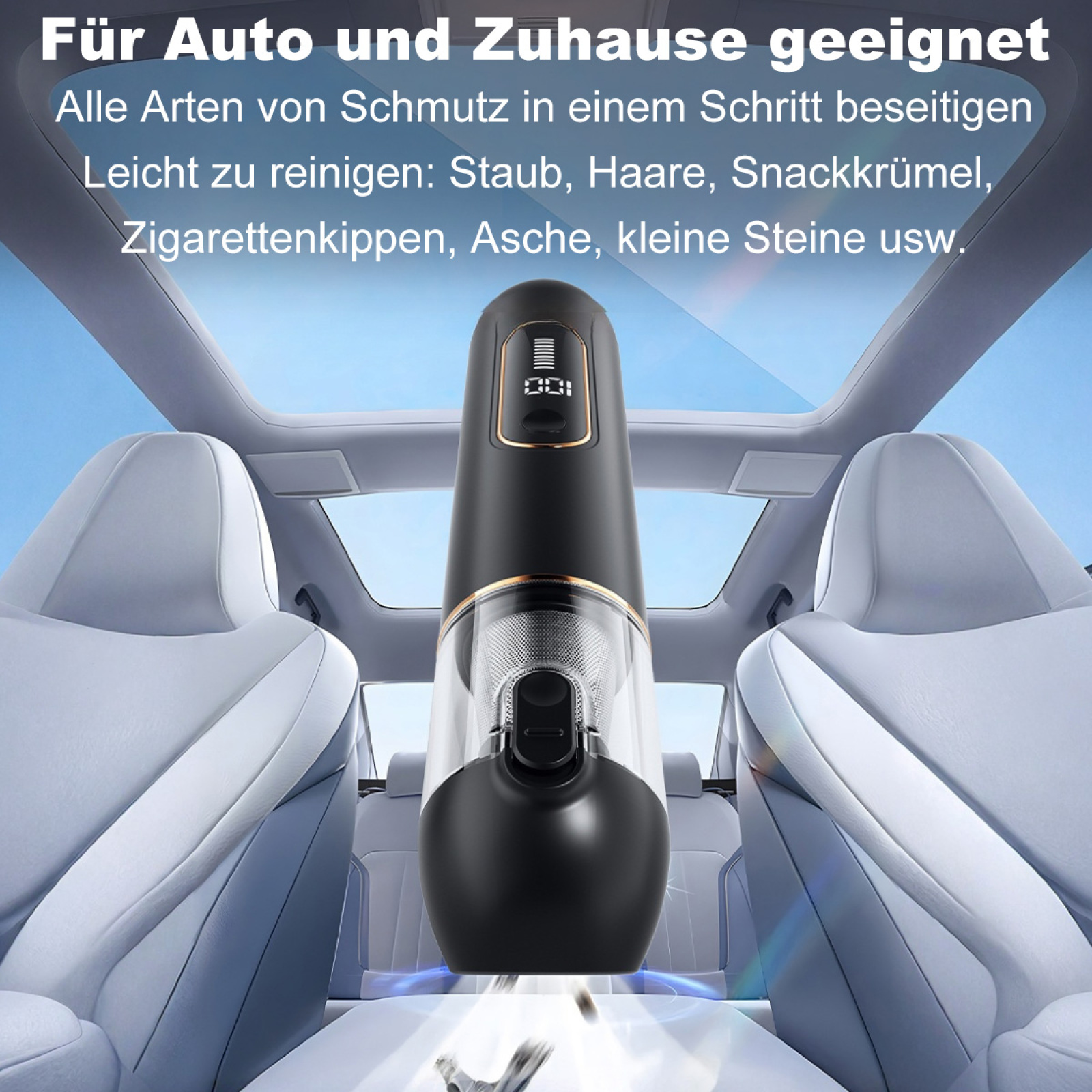 Ein Handstaubsauger, der einen Autoinnenraum reinigt. Der Sauger ist schwarz und befindet sich zwischen zwei Sitzen.