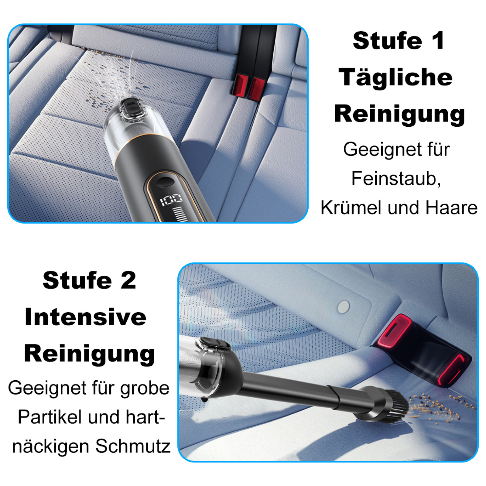 Das Bild zeigt einen Auto-Innenraum, der mit einem Handstaubsauger gereinigt wird. Text beschreibt die Stufen.