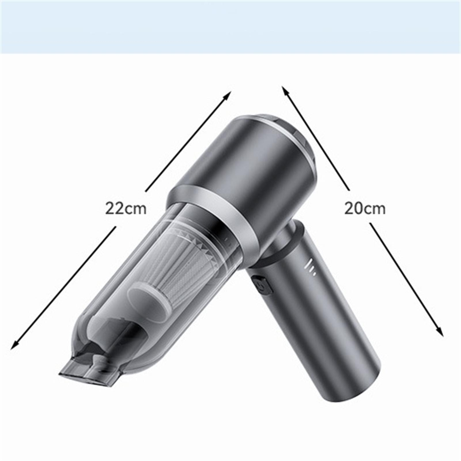 Ein silberner Handstaubsauger mit Messlinien, die 22 cm und 20 cm Abmessungen anzeigen.
