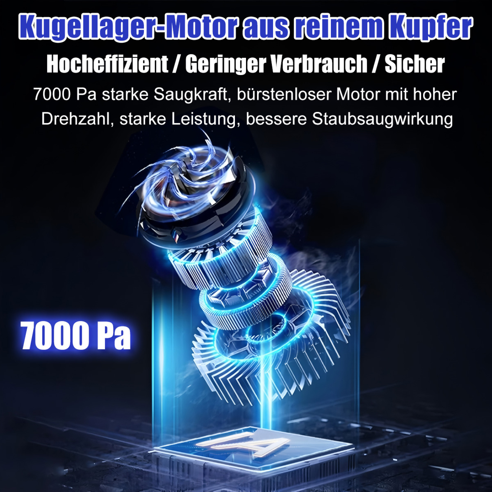 Eine Explosionsansicht des Geräteinneren mit blauem Leuchten, wobei der Motor und die inneren Komponenten hervorgehoben werden.