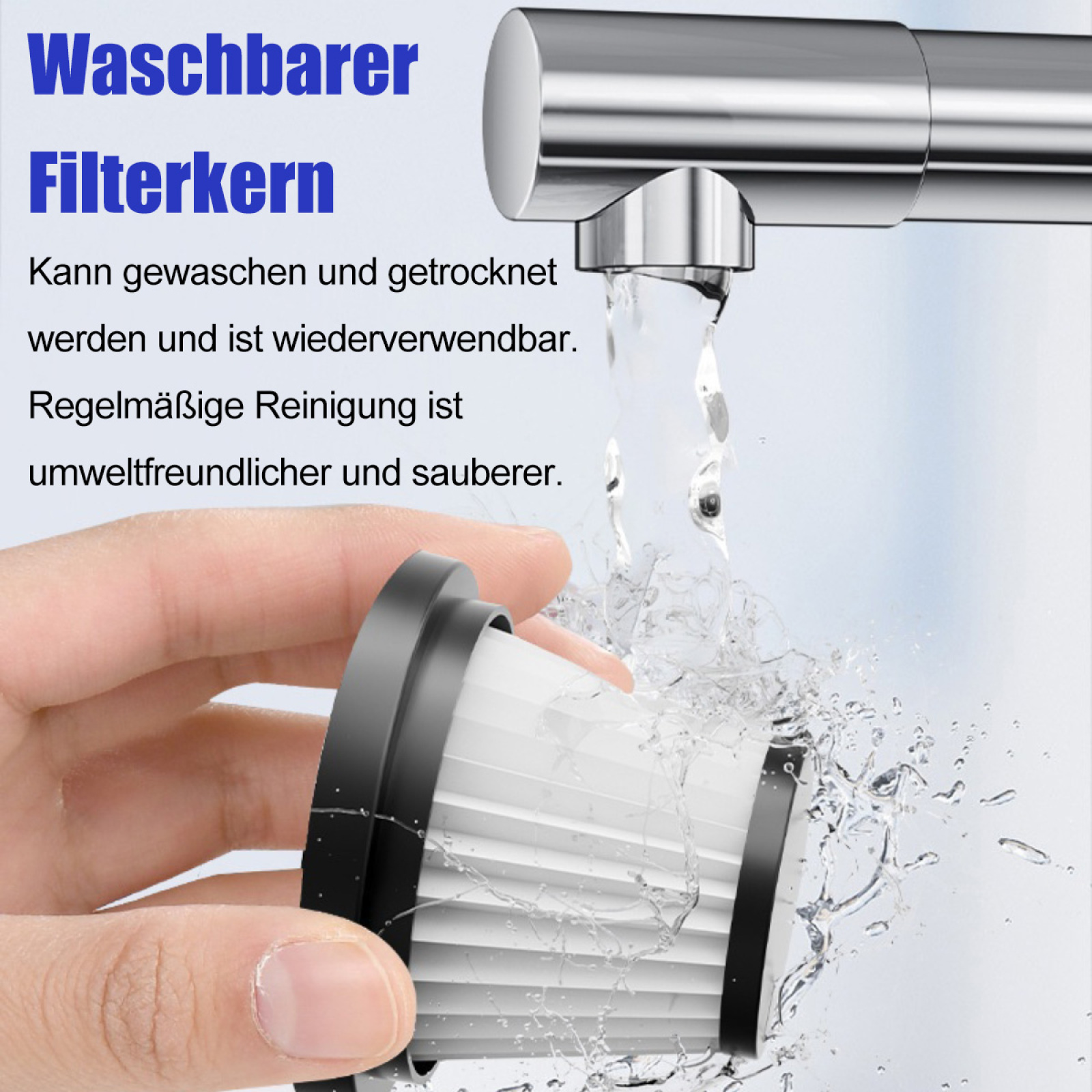 Eine Hand hält einen Filter unter fließendem Wasser. Deutscher Text erklärt den Wasch- und Trocknungsprozess.