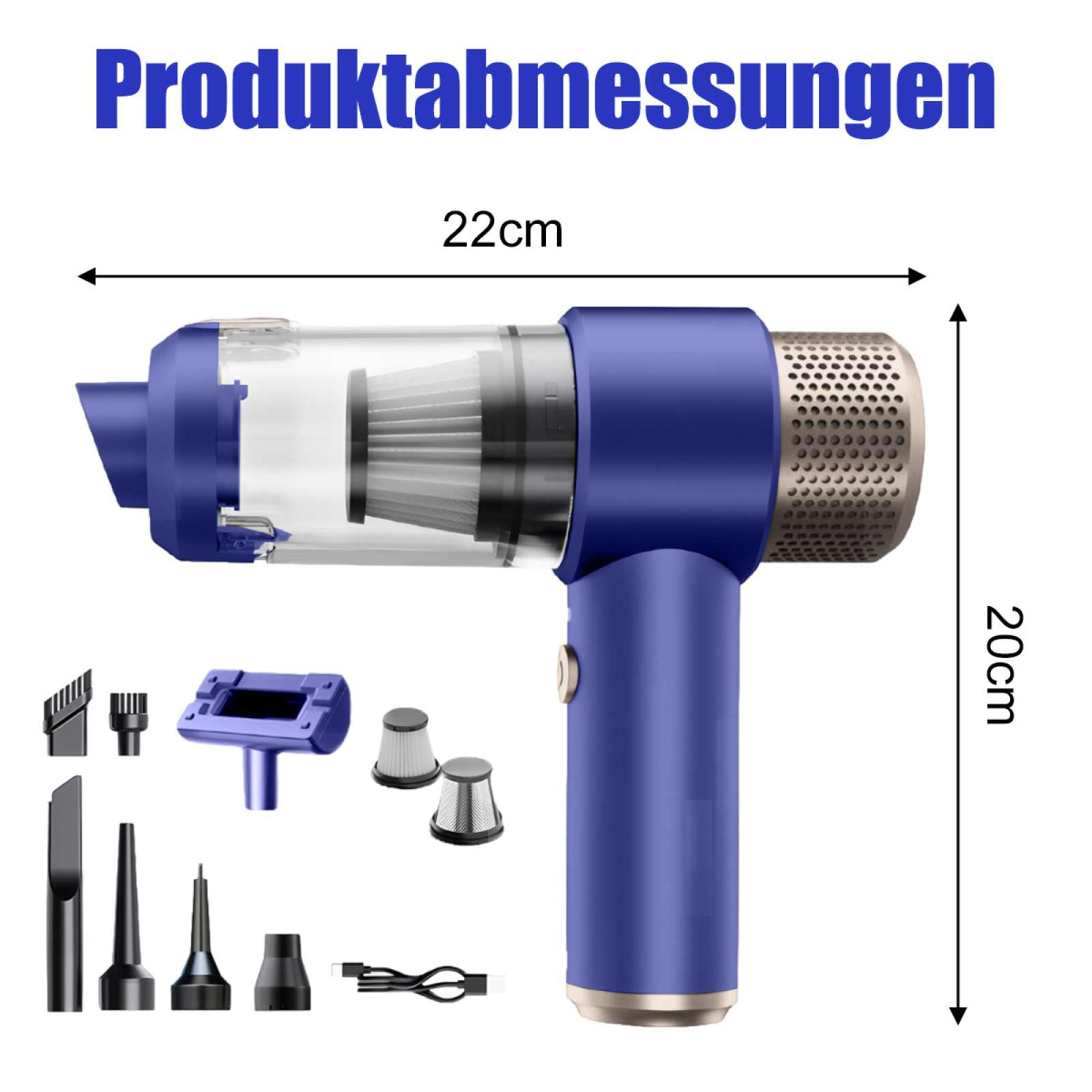 Ein blau-silberner Handstaubsauger mit verschiedenen Aufsätzen und angezeigten Abmessungen.