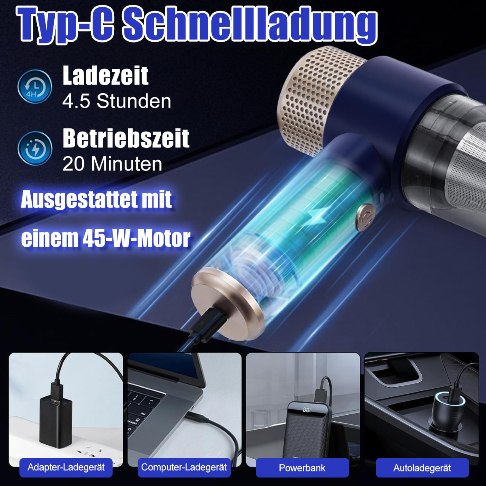 Ein Bild, das die Ladefunktionen eines blauen Handstaubsaugers mit deutschem Text zeigt.