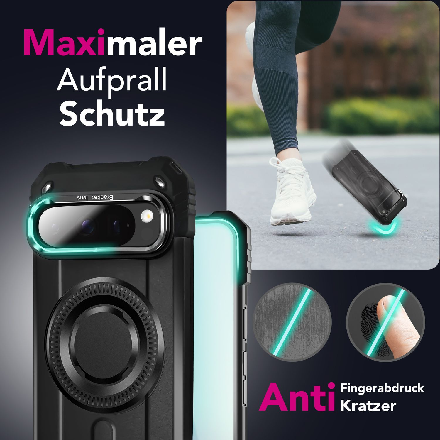 Una custodia nera per telefono con fotocamera e un dito che indica l'area resistente alle impronte digitali.