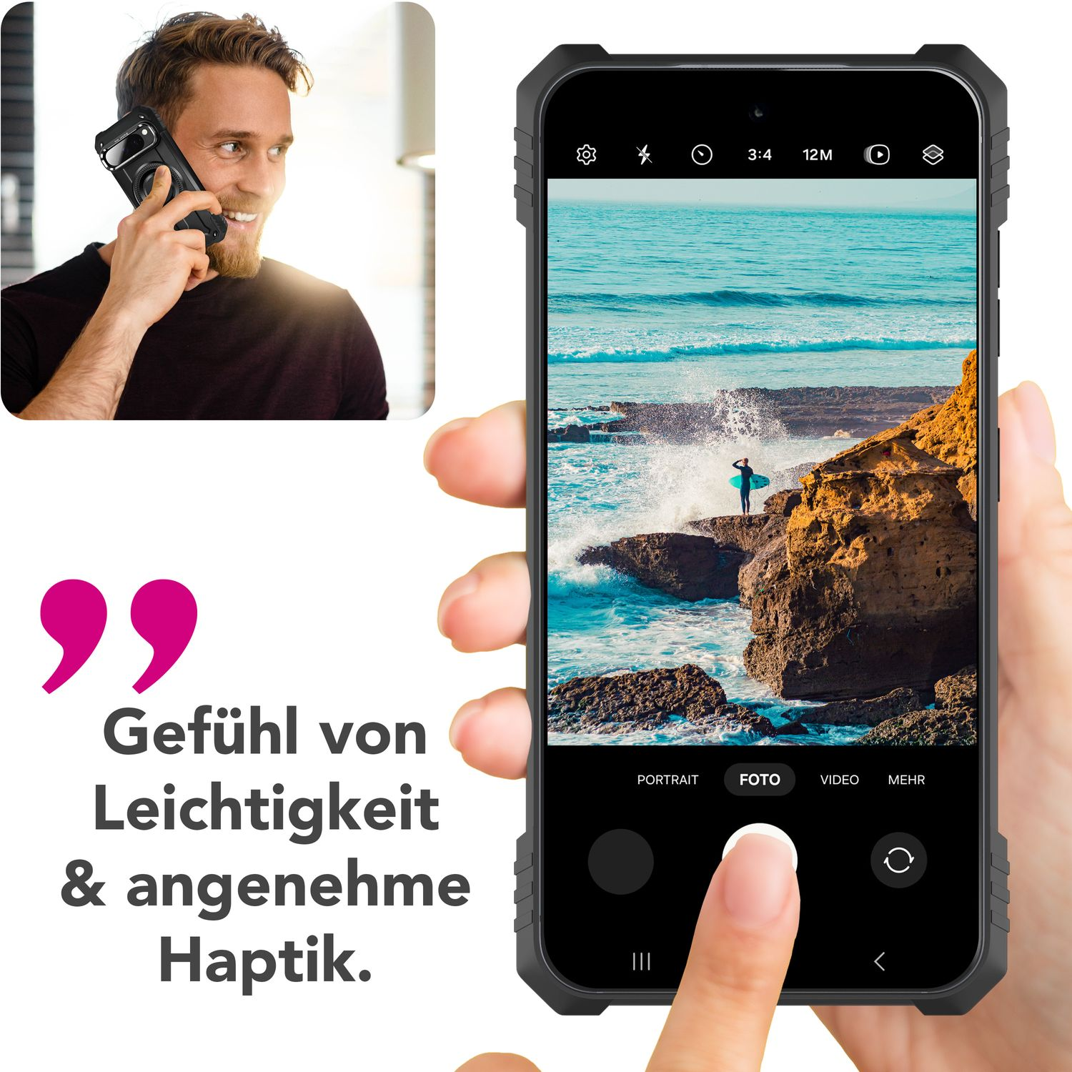 Una persona usa uno smartphone per scattare una foto di una scena costiera. Un uomo è al telefono sullo sfondo.