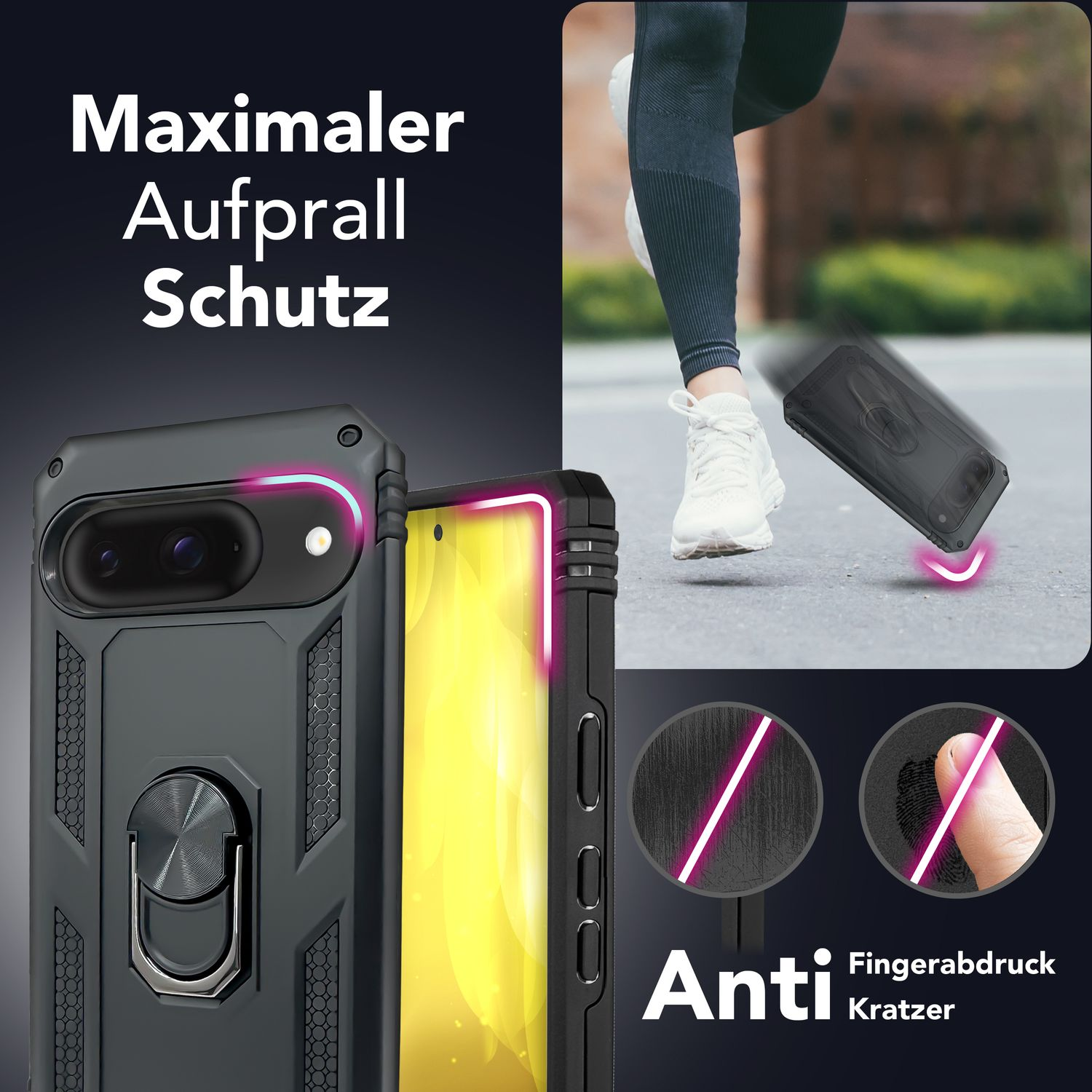 Eine Handyhülle mit Ladesymbol, Telefon und einer Frau beim Gehen. Die Hülle ist schwarz mit grünem Leuchten.