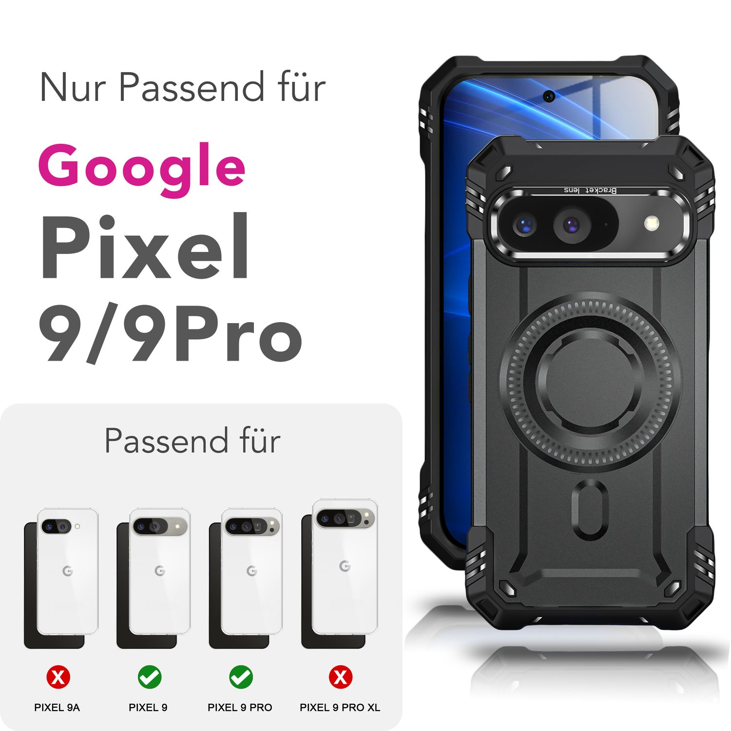 Custodie per telefono con telefono all'interno, con testo che indica la compatibilità con Google Pixel 9/9 Pro. Nere.