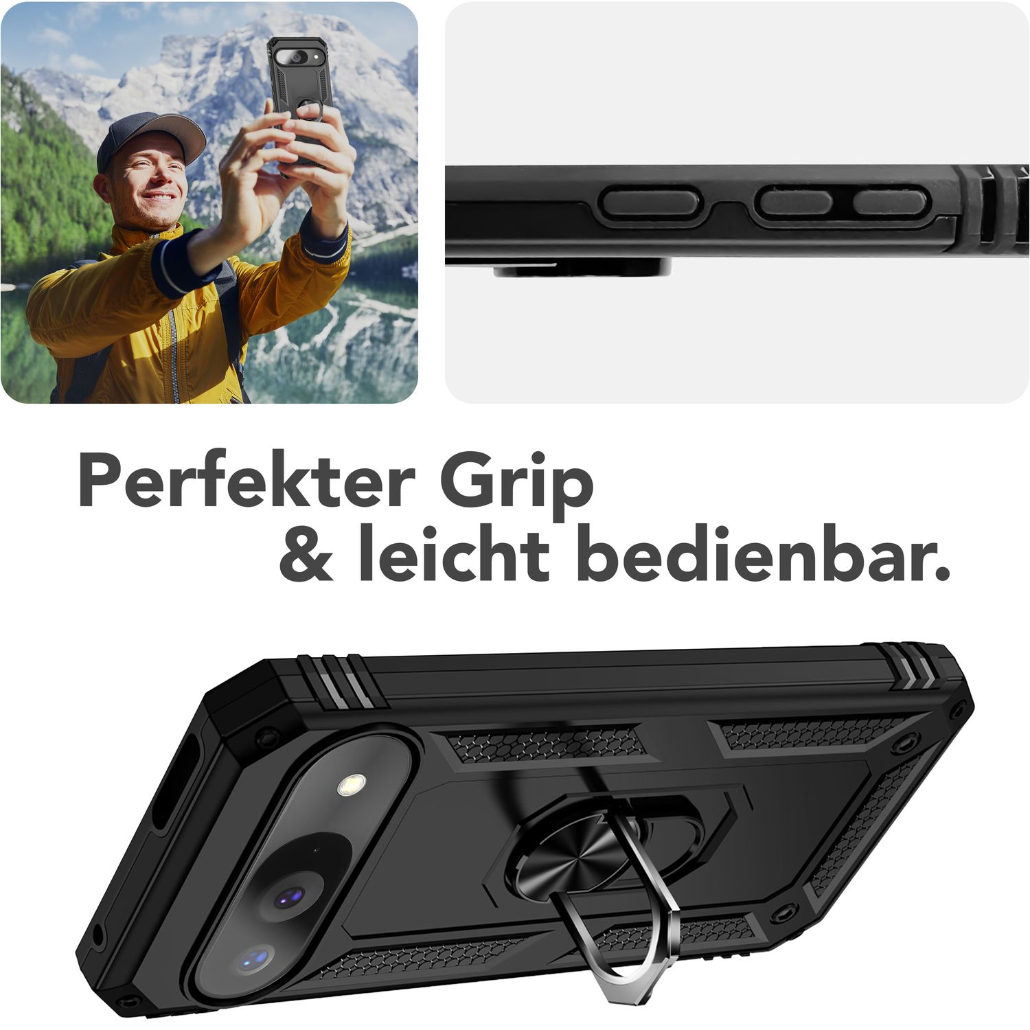 Eine schwarze Handyhülle mit Ringhalter wird präsentiert, wobei der Fokus auf Griffigkeit und Benutzerfreundlichkeit liegt.