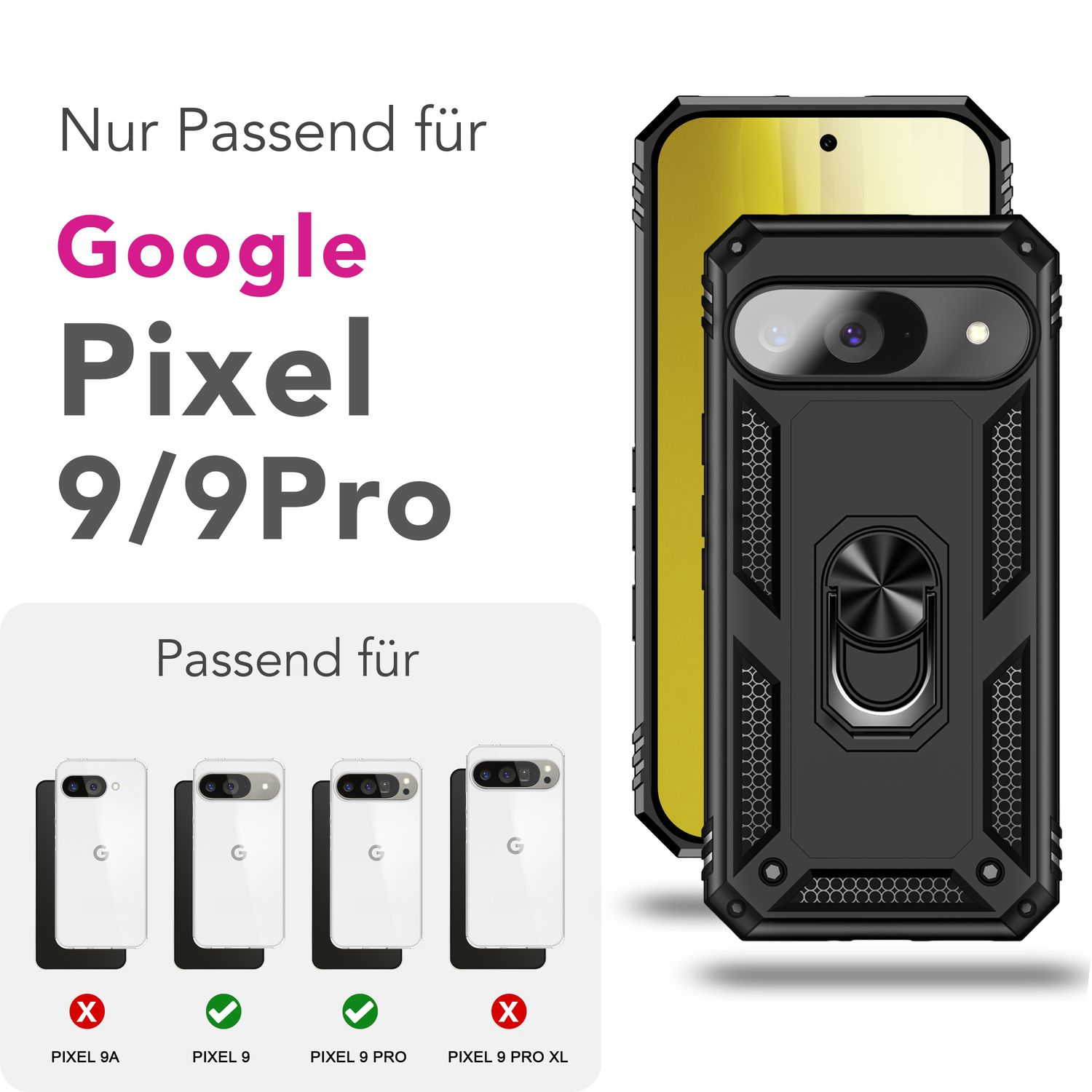 Eine schwarze Handyhülle, die für Google Pixel 9/9Pro geeignet ist, wird gezeigt, mit Kompatibilitätsprüfung für ältere Modelle.