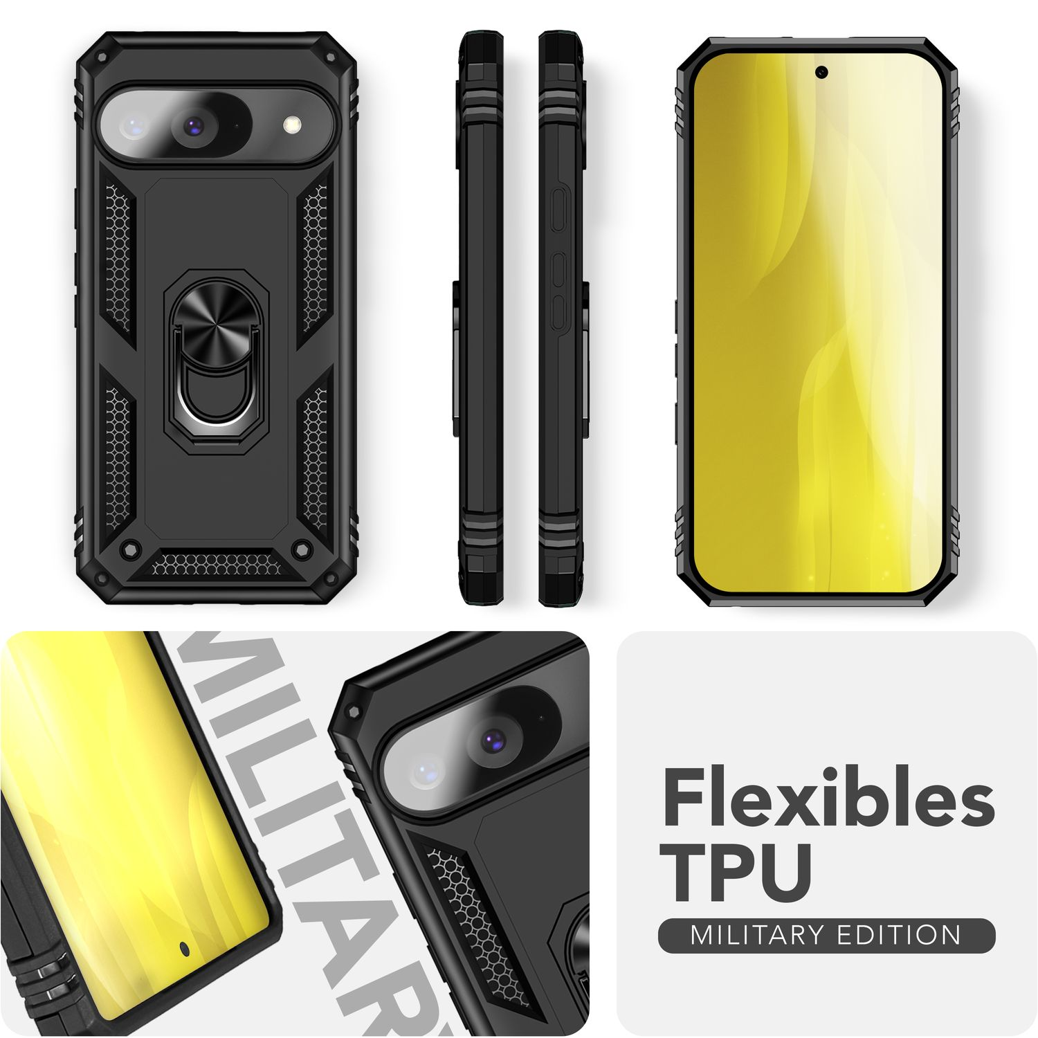 Eine schwarze Handyhülle in Militärqualität mit einem Metallringständer wird mit einem Telefon gezeigt, das einen gelben Bildschirm anzeigt.