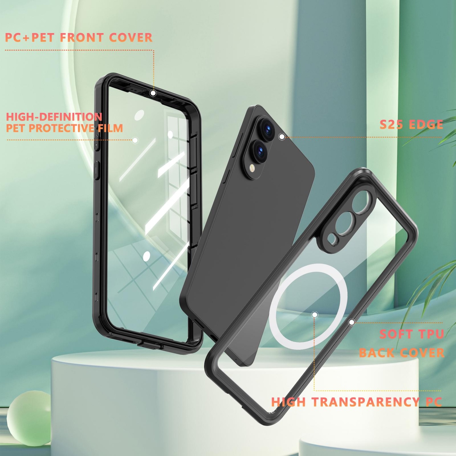 Eine transparente Handyhülle mit schwarzem Rahmen wird gezeigt, wobei das Telefon zerlegt ist und über einer weißen Oberfläche schwebt.