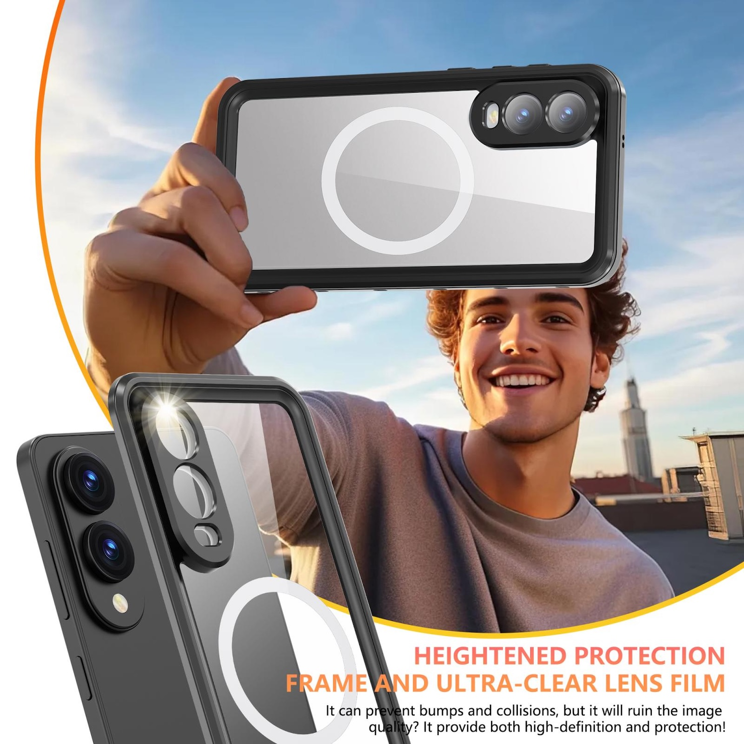Ein Mann macht ein Selfie mit einer robusten schwarzen Handyhülle, die eine transparente Rückseite und verbesserten Objektivschutz bietet.