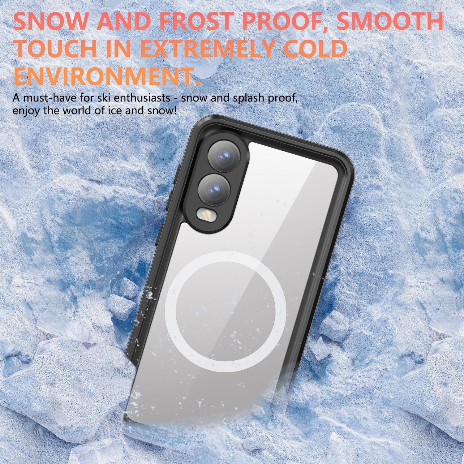 Ein Telefon in einer wasserdichten Hülle auf einer schneebedeckten Oberfläche. Text: Schnee- und frostfest, glatte Haptik.