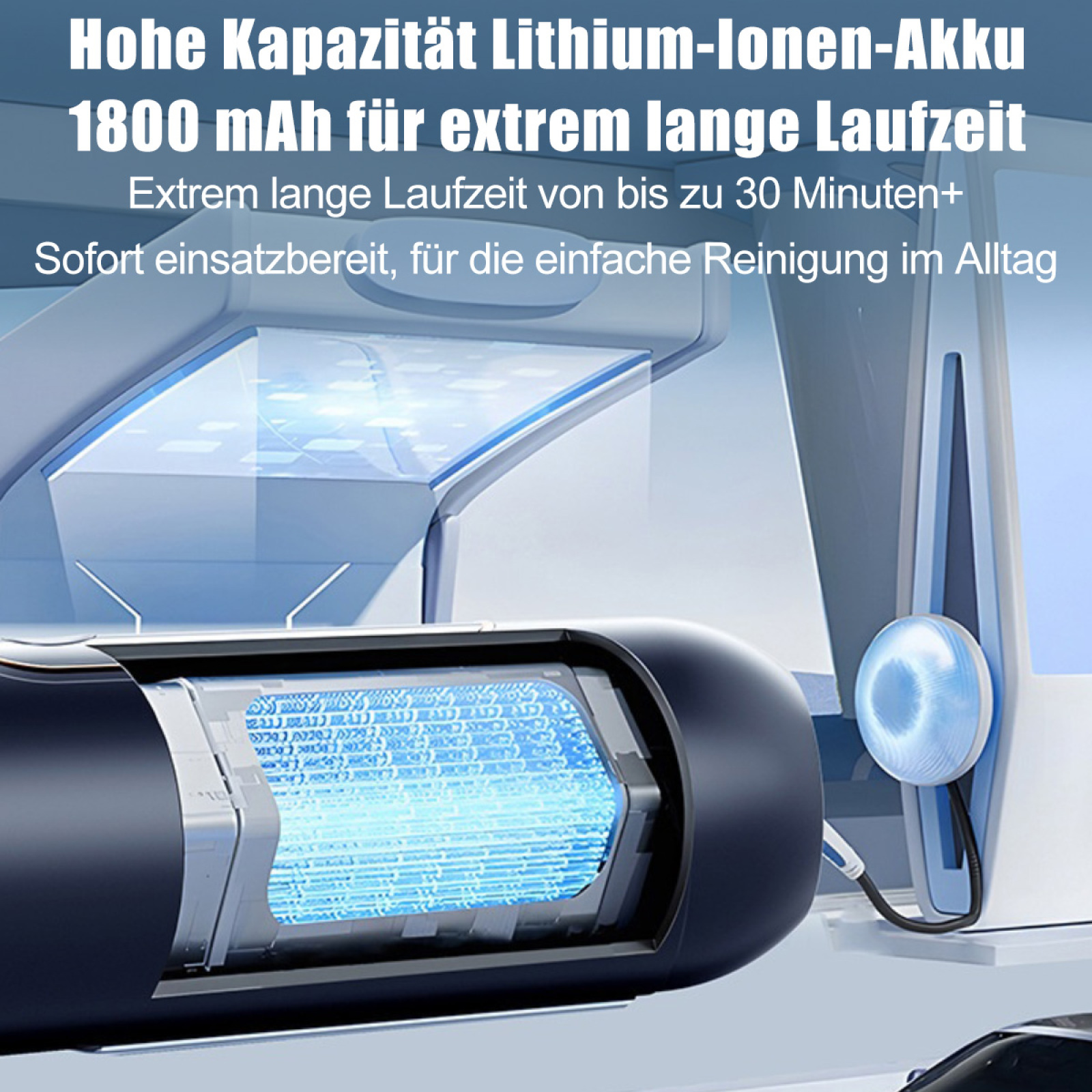 Gerät mit blau beleuchtetem Innenraum und Text, der seine Batteriekapazität und Nutzungsdauer angibt.