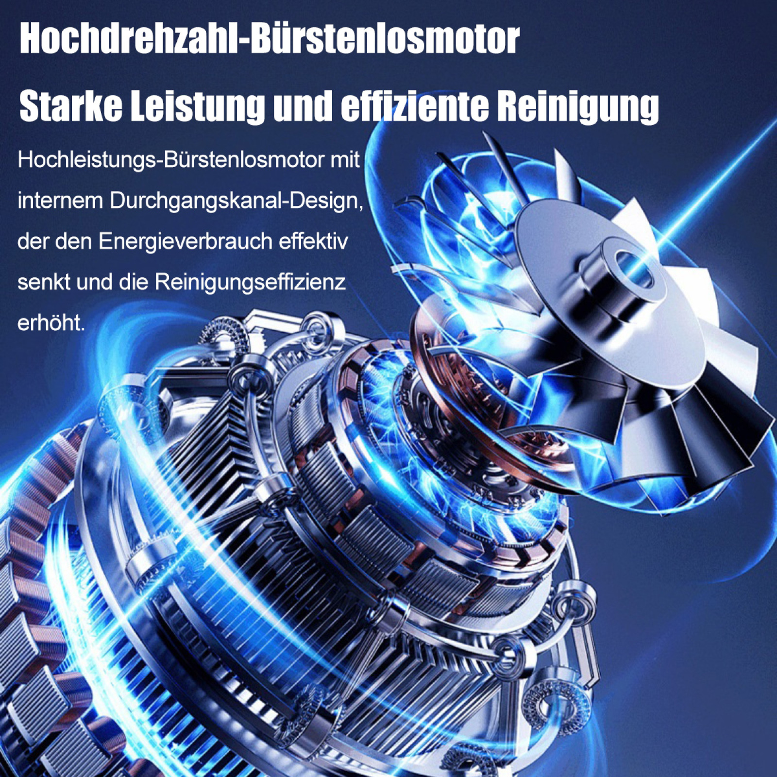 Schnittansicht eines Motors mit blauen Lichteffekten und Text über effiziente Reinigung.