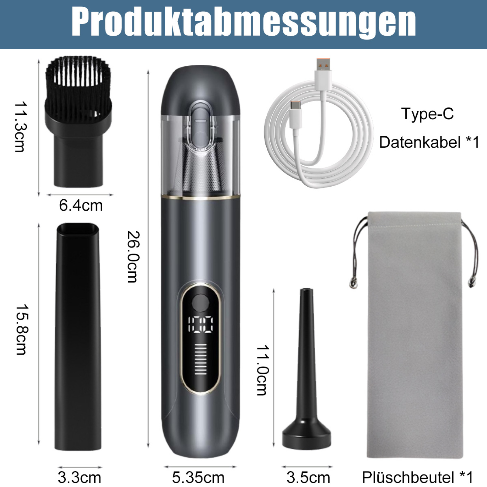 Diagramm eines Handstaubsaugers mit Abmessungen, Zubehör und einem Typ-C-Kabel.